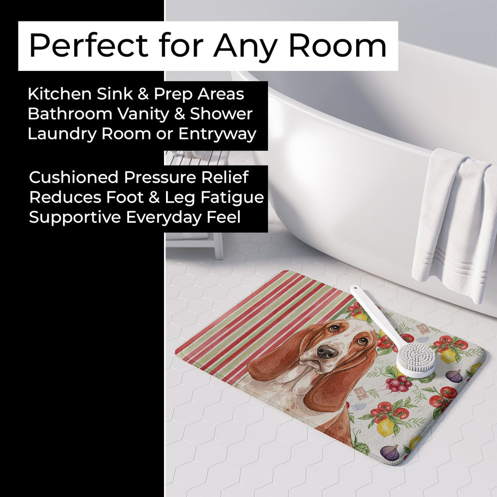 Red and White Basset Hound Vegetables Memory Foam Kitchen Mat Machine Washable Anti-Fatigue Cushion Comfort Bath or Kitchen Rug