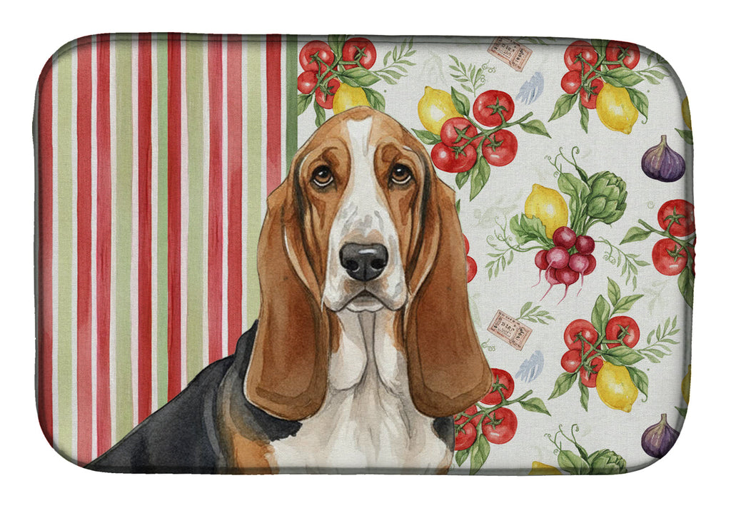 Tricolor and White Basset Hound Vegetables Dish Drying Mat Absorbent Dish Drying Mat Pad for Kitchen Counter Dish Drainer Mat for Countertop, 14 x 21", Multicolor