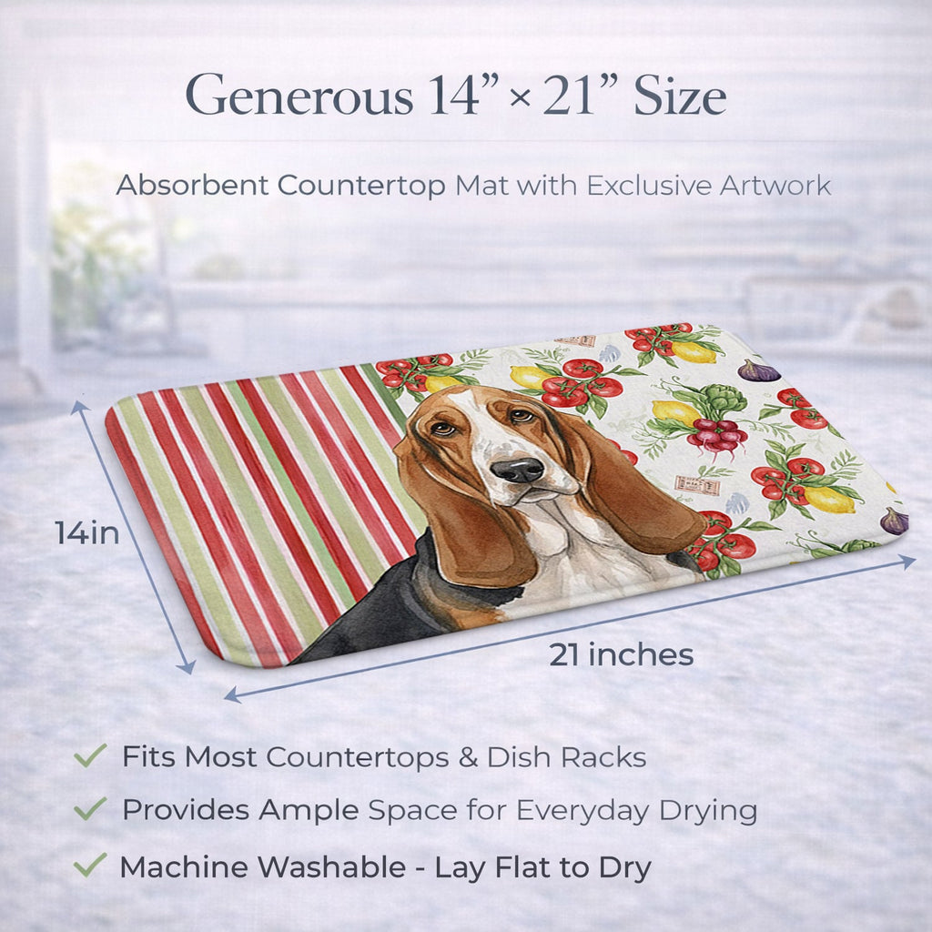 Tricolor and White Basset Hound Vegetables Dish Drying Mat Absorbent Dish Drying Mat Pad for Kitchen Counter Dish Drainer Mat for Countertop, 14 x 21", Multicolor