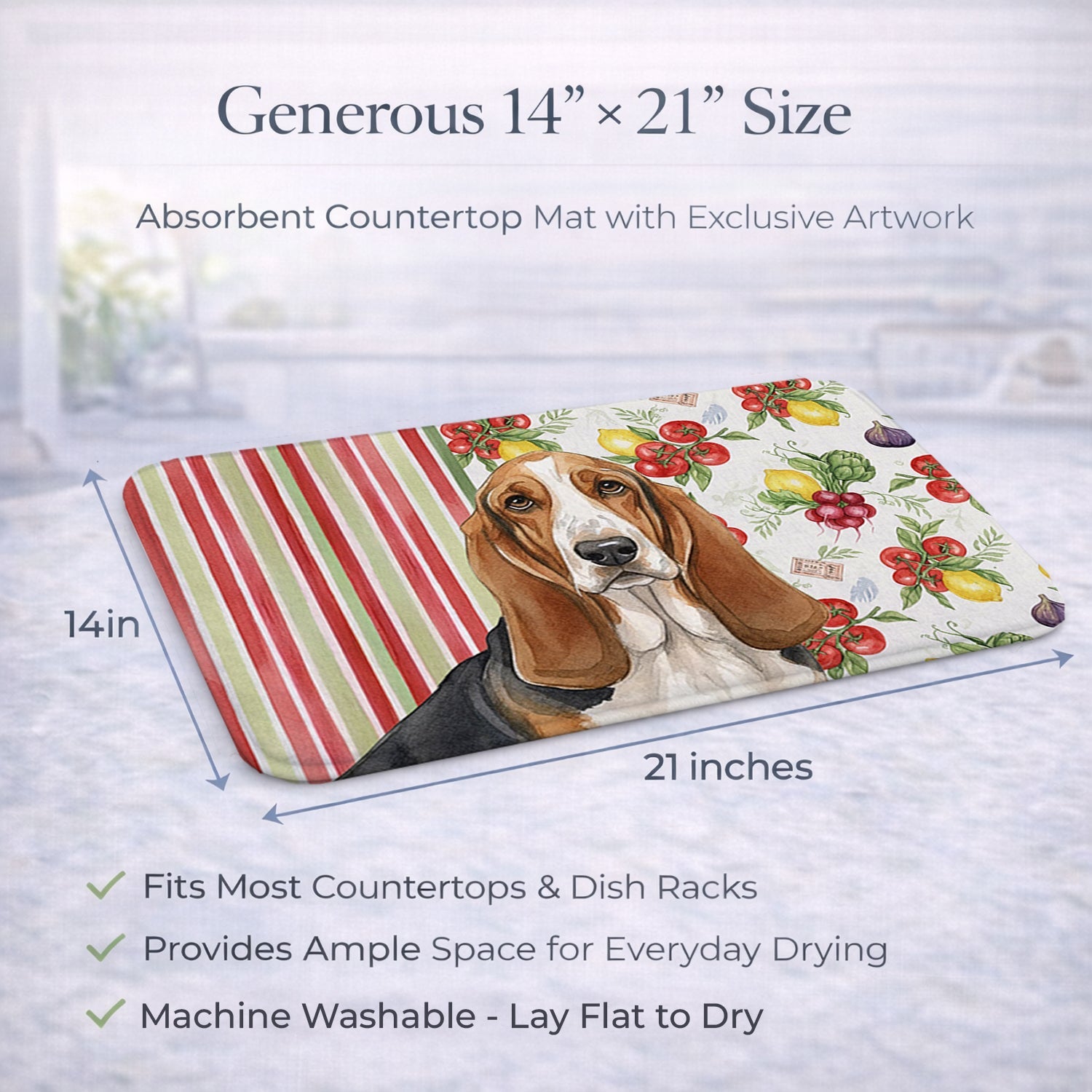 Tricolor and White Basset Hound Vegetables Dish Drying Mat Absorbent Dish Drying Mat Pad for Kitchen Counter Dish Drainer Mat for Countertop, 14 x 21", Multicolor