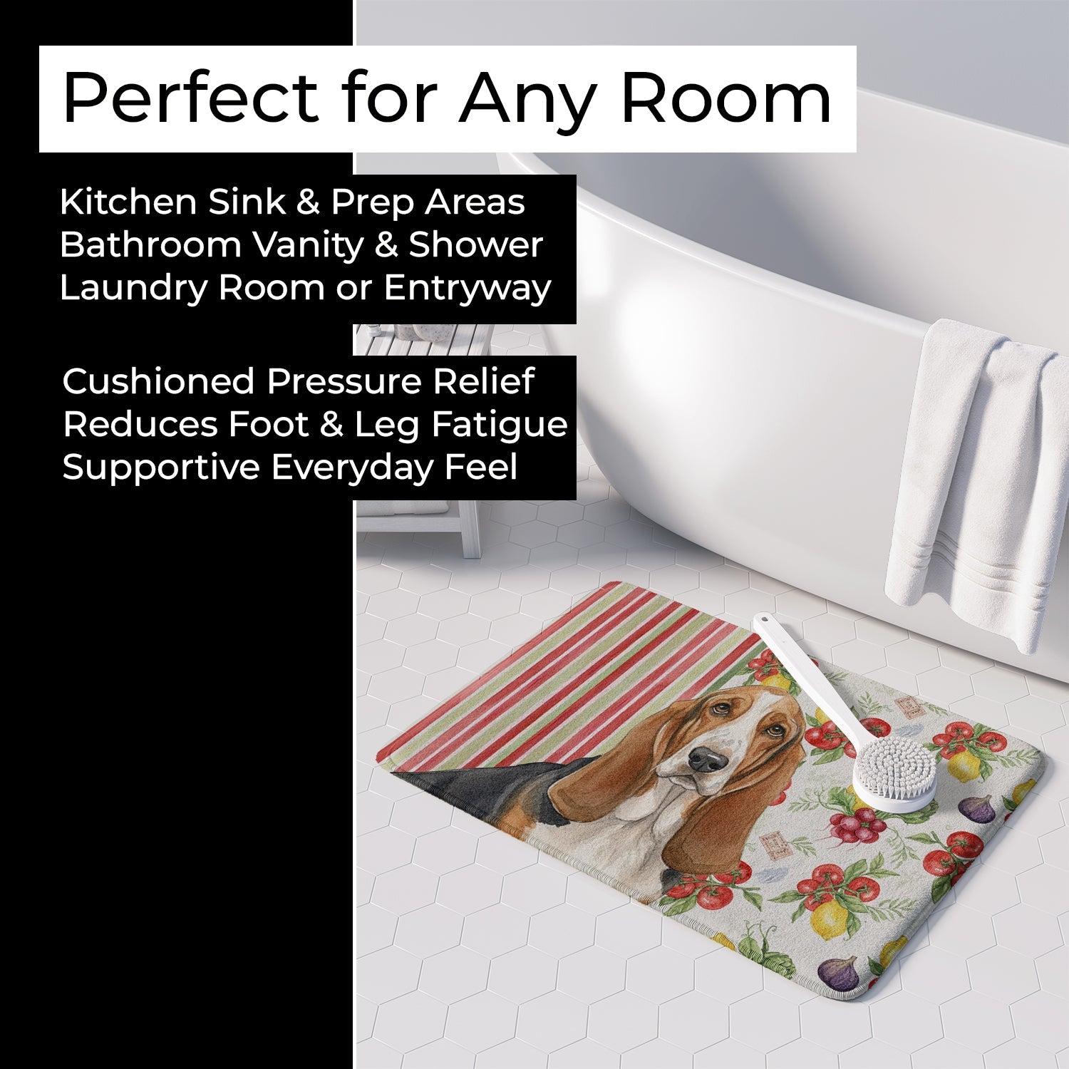 Tricolor and White Basset Hound Vegetables Memory Foam Kitchen Mat Machine Washable Anti-Fatigue Cushion Comfort Bath or Kitchen Rug