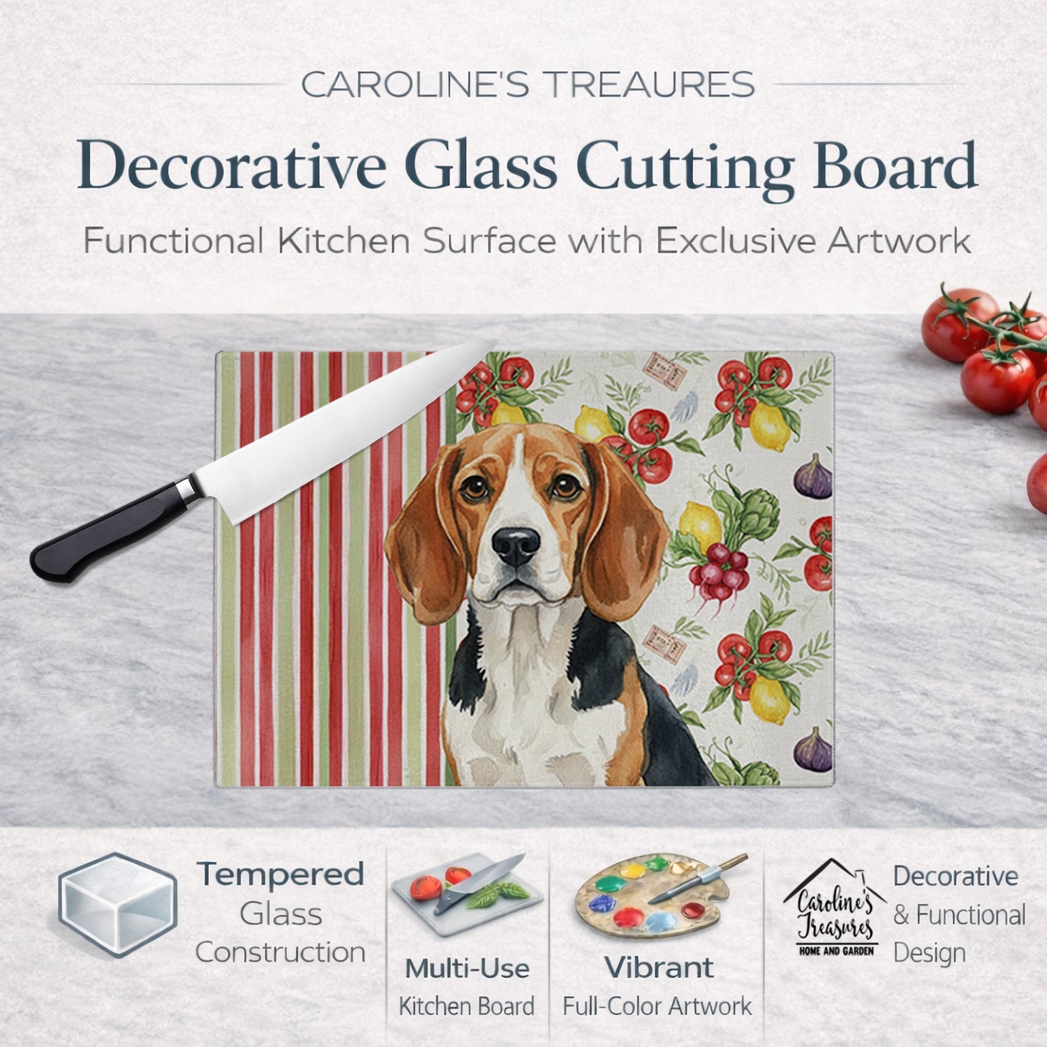 Beagle Vegetables Cutting Board Tempered Glass Kitchen Cutting Surface, Heat Resistant Chopping, Non-Slip Feet, Food Prep & Serving