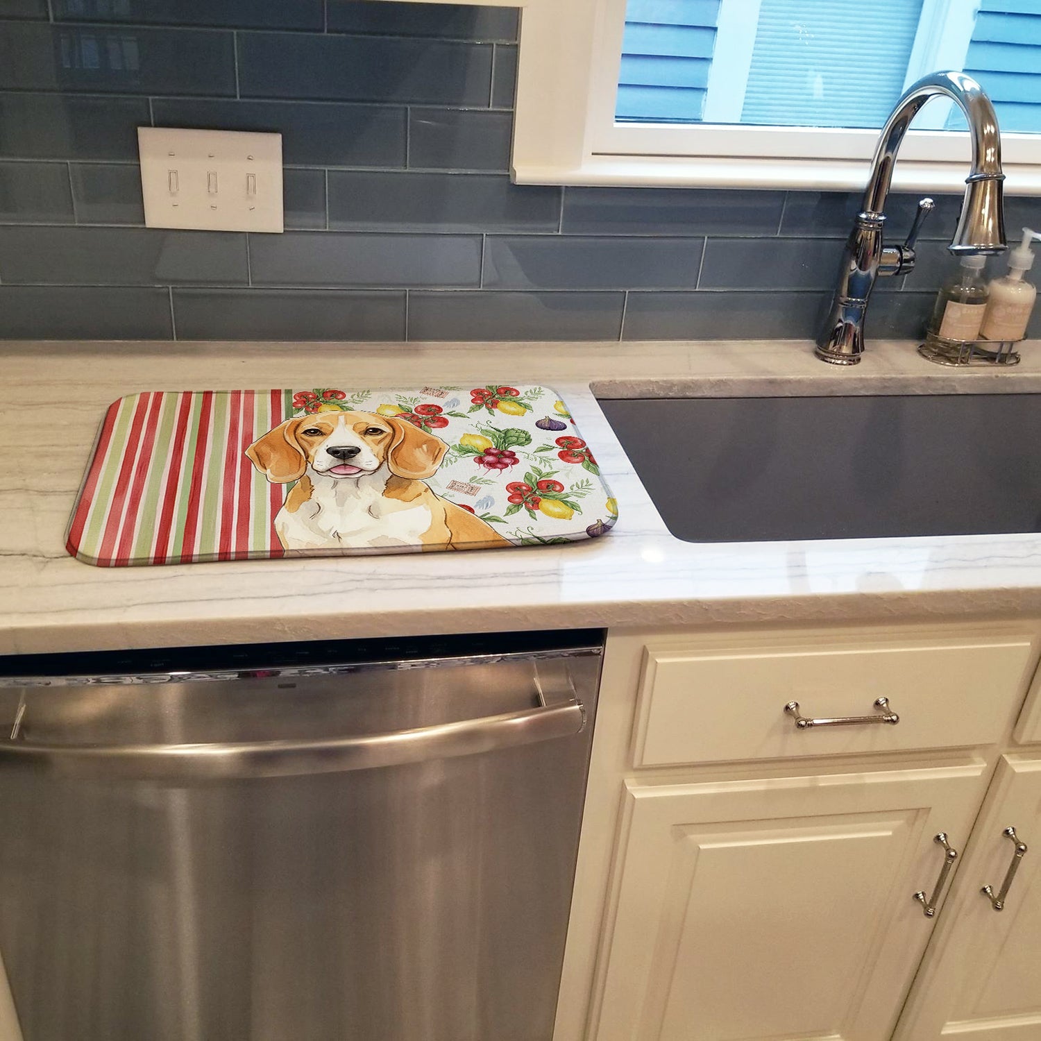 Lemon and White Beagle Vegetables Dish Drying Mat Absorbent Dish Drying Mat Pad for Kitchen Counter Dish Drainer Mat for Countertop, 14 x 21", Multicolor