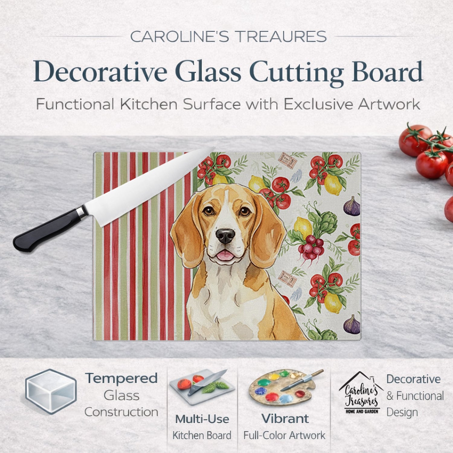 Lemon and White Beagle Vegetables Cutting Board Tempered Glass Kitchen Cutting Surface, Heat Resistant Chopping, Non-Slip Feet, Food Prep & Serving