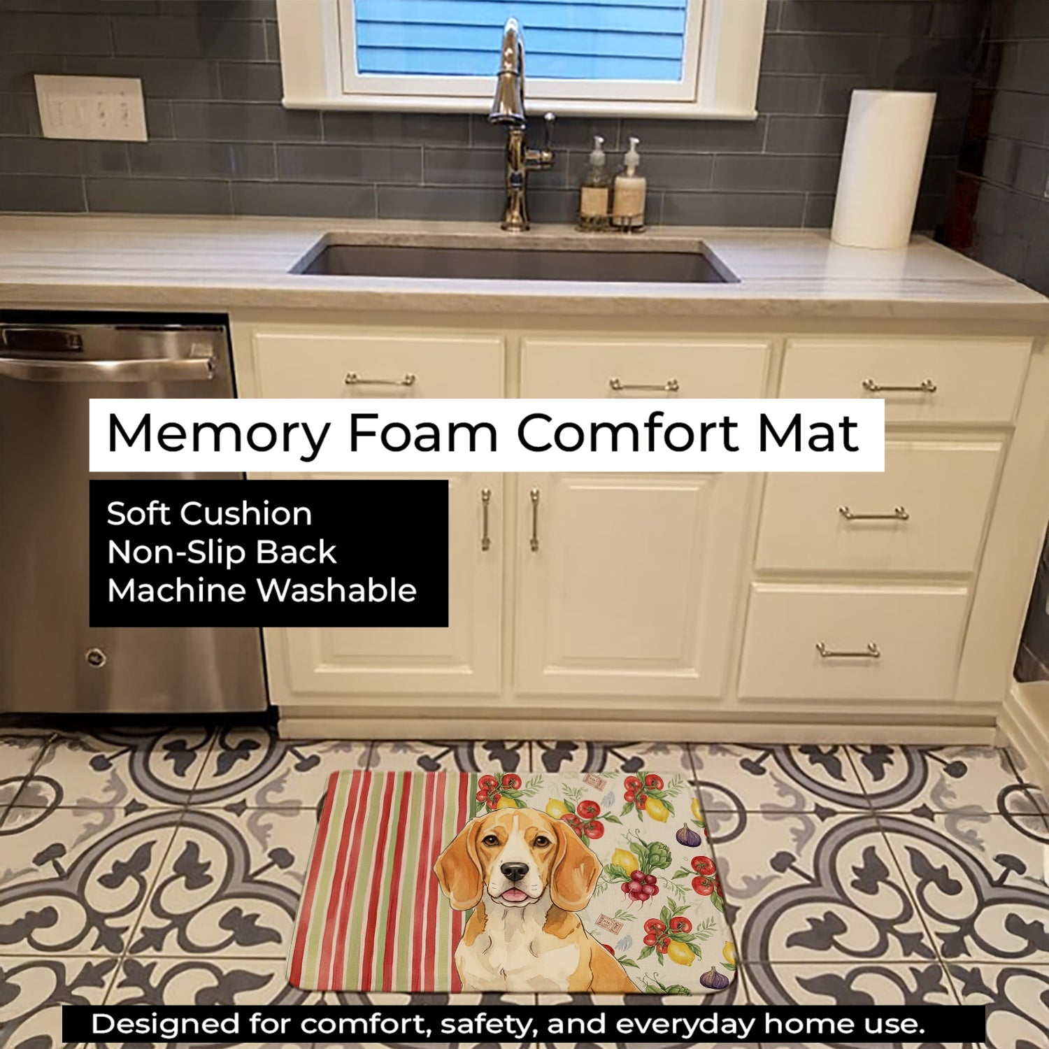Lemon and White Beagle Vegetables Memory Foam Kitchen Mat Machine Washable Anti-Fatigue Cushion Comfort Bath or Kitchen Rug