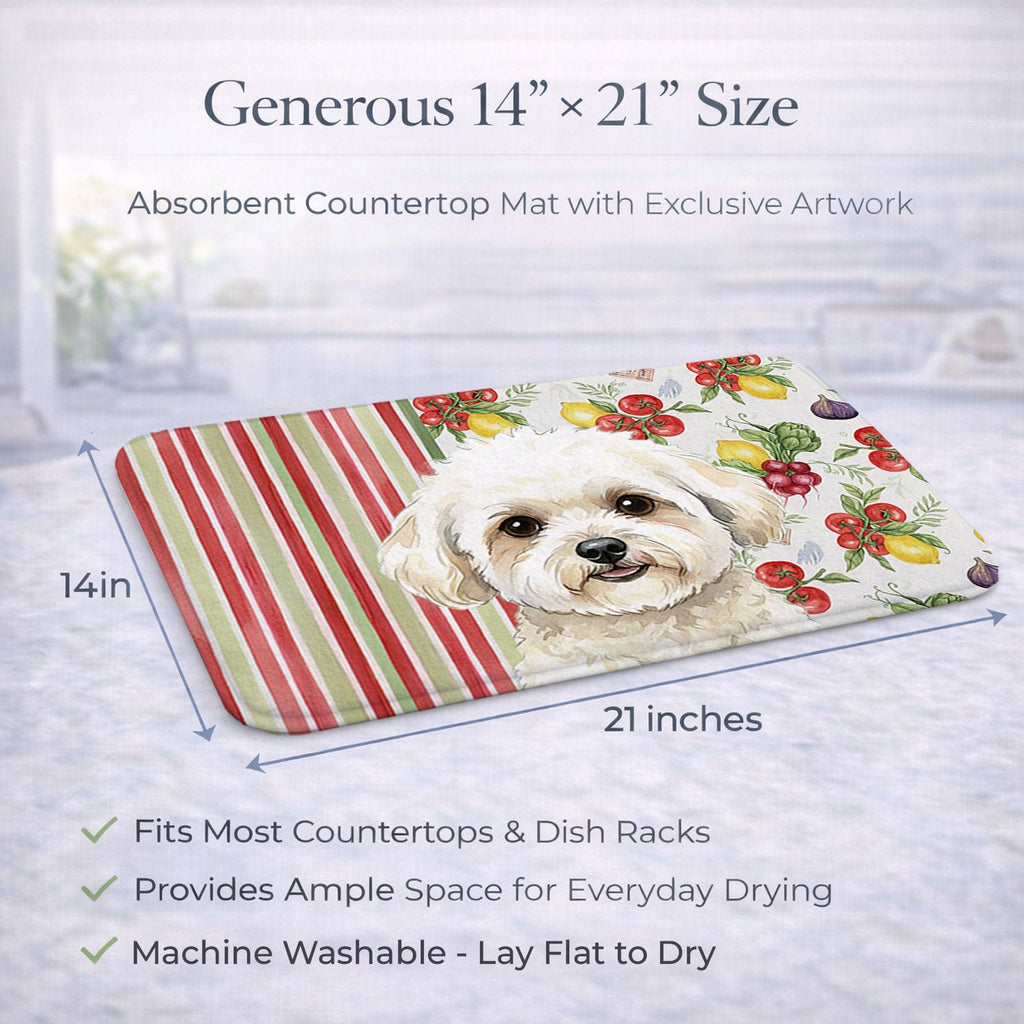 White and Cream Bichon Frise Vegetables Dish Drying Mat Absorbent Dish Drying Mat Pad for Kitchen Counter Dish Drainer Mat for Countertop, 14 x 21", Multicolor