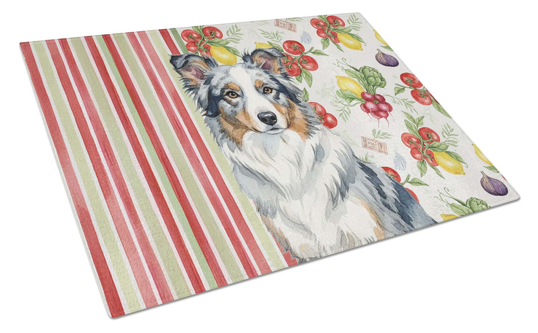 Blue Merle Border Collie Vegetables Cutting Board Tempered Glass Kitchen Cutting Surface, Heat Resistant Chopping, Non-Slip Feet, Food Prep & Serving