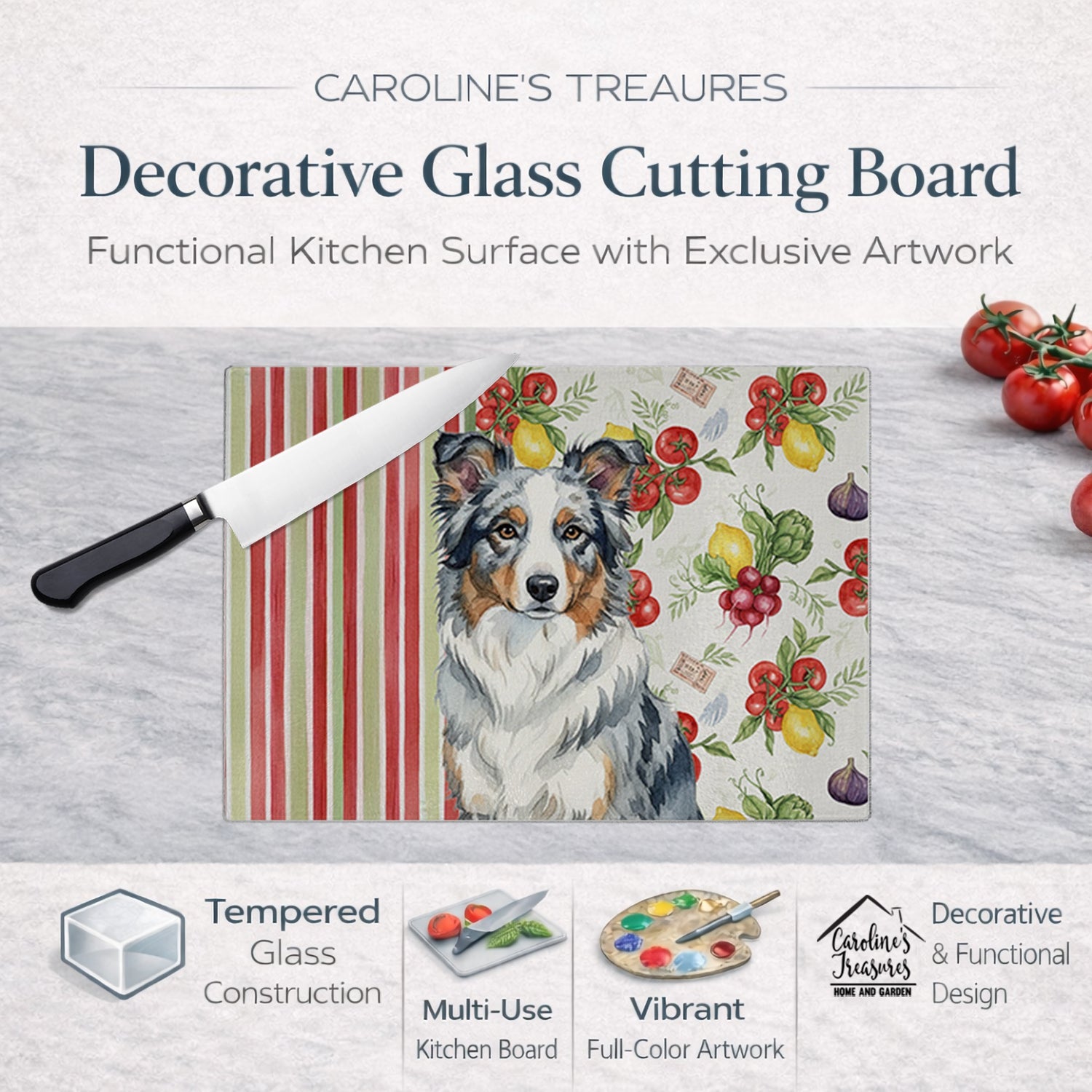 Blue Merle Border Collie Vegetables Cutting Board Tempered Glass Kitchen Cutting Surface, Heat Resistant Chopping, Non-Slip Feet, Food Prep & Serving