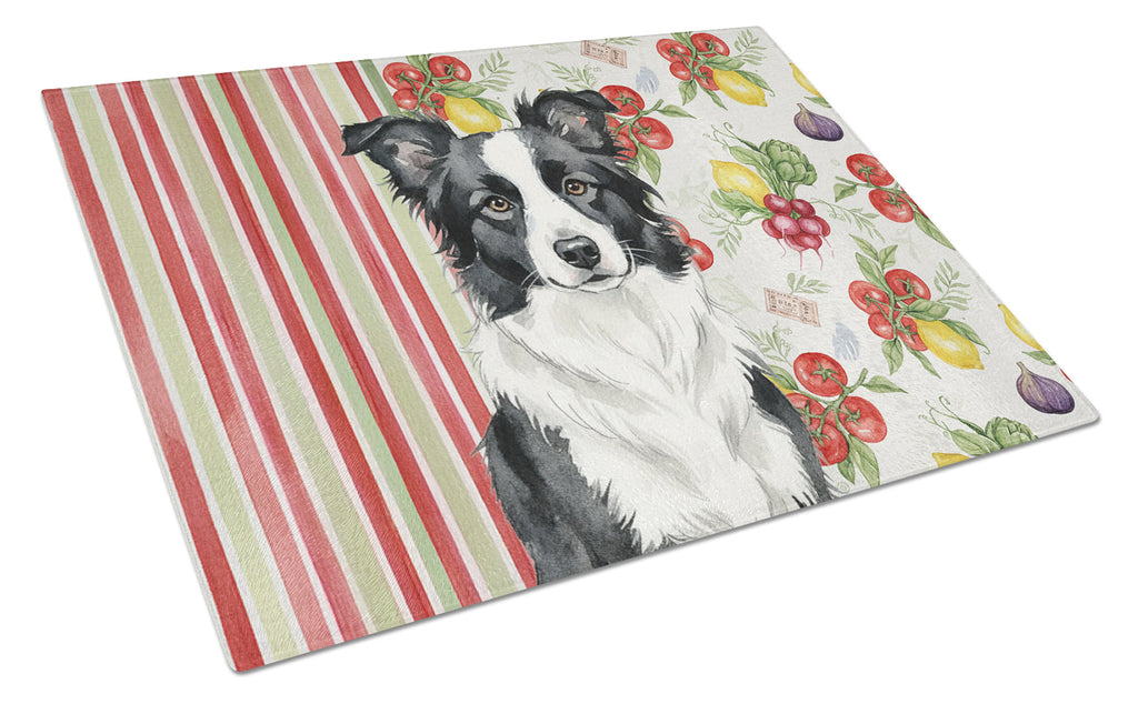 Border Collie Vegetables Cutting Board Tempered Glass Kitchen Cutting Surface, Heat Resistant Chopping, Non-Slip Feet, Food Prep & Serving