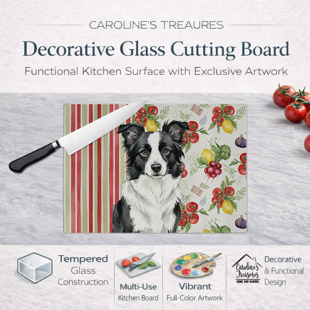 Border Collie Vegetables Cutting Board Tempered Glass Kitchen Cutting Surface, Heat Resistant Chopping, Non-Slip Feet, Food Prep & Serving