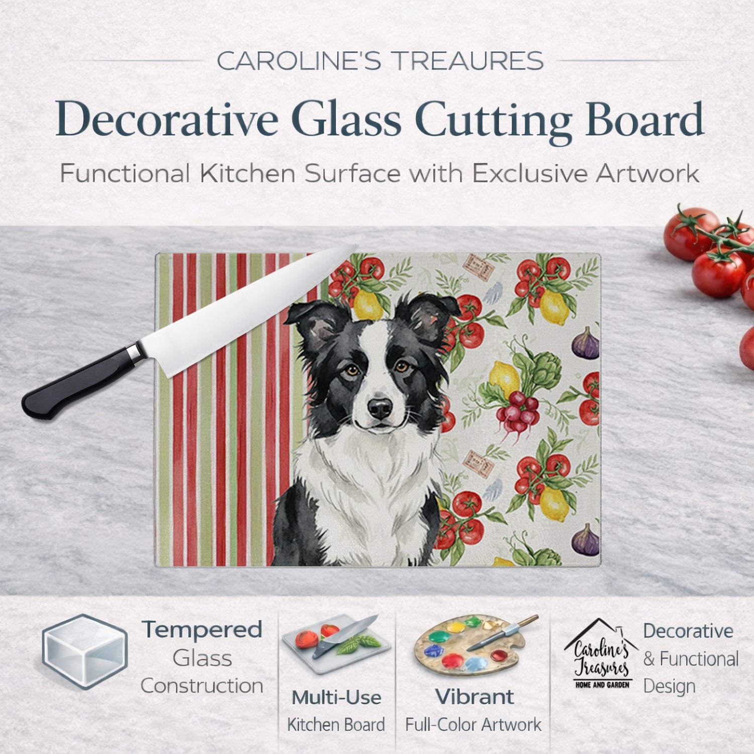 Border Collie Vegetables Cutting Board Tempered Glass Kitchen Cutting Surface, Heat Resistant Chopping, Non-Slip Feet, Food Prep & Serving