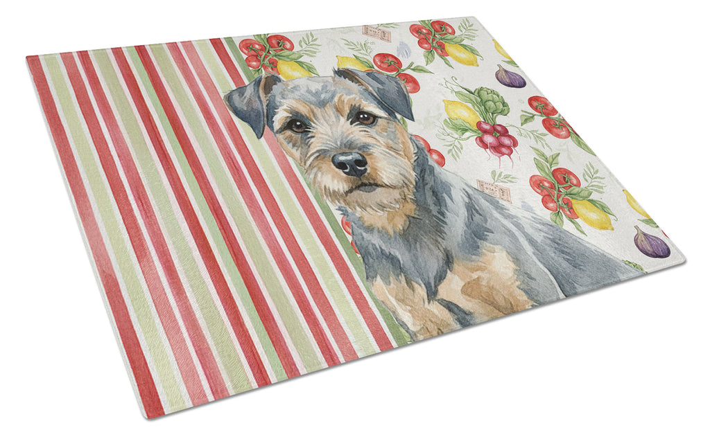 Blue and Tan Border Terrier Vegetables Cutting Board Tempered Glass Kitchen Cutting Surface, Heat Resistant Chopping, Non-Slip Feet, Food Prep & Serving