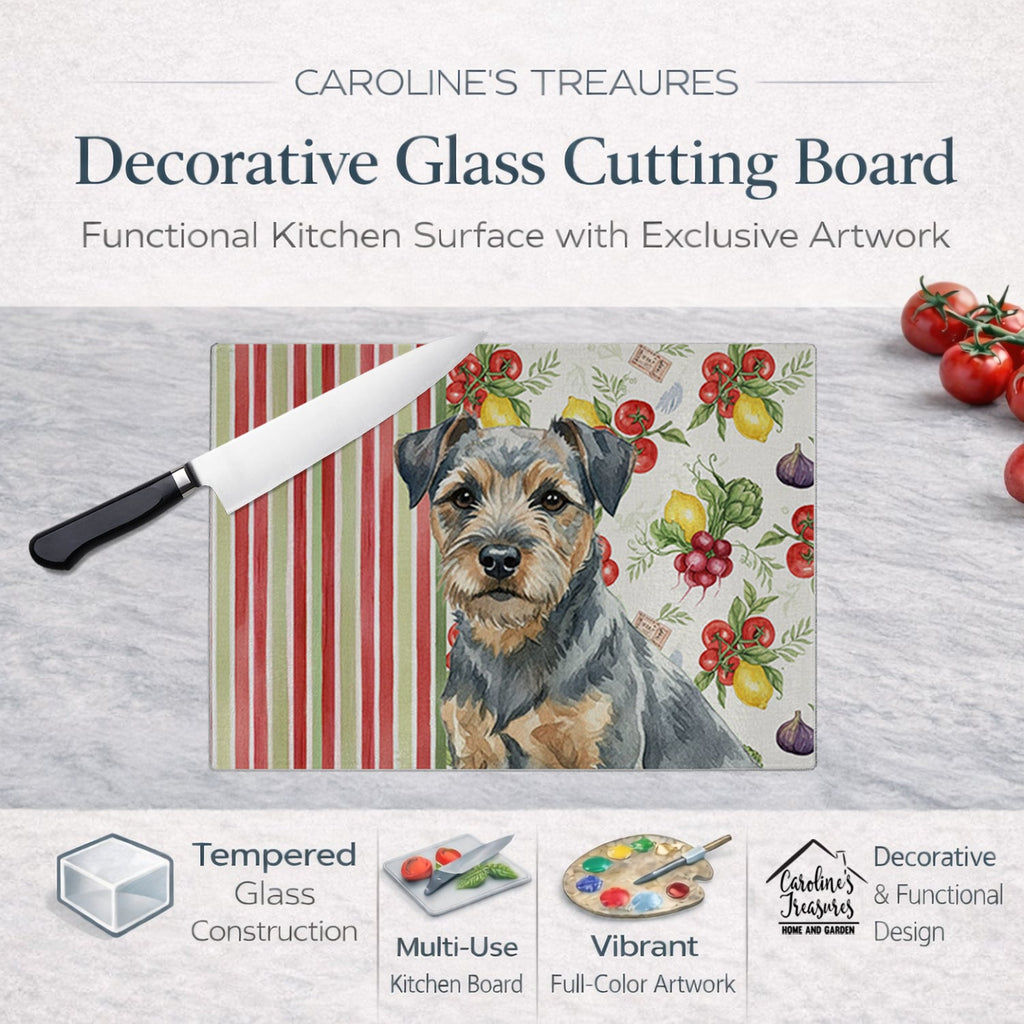 Blue and Tan Border Terrier Vegetables Cutting Board Tempered Glass Kitchen Cutting Surface, Heat Resistant Chopping, Non-Slip Feet, Food Prep & Serving