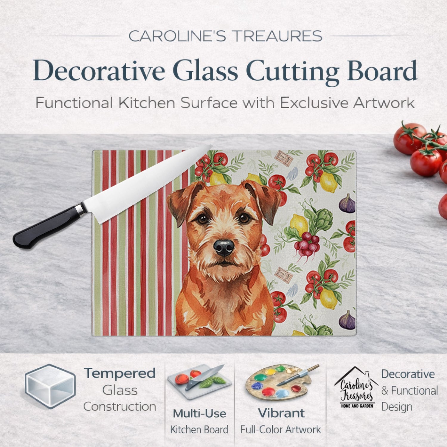 Red Border Terrier Vegetables Cutting Board Tempered Glass Kitchen Cutting Surface, Heat Resistant Chopping, Non-Slip Feet, Food Prep & Serving