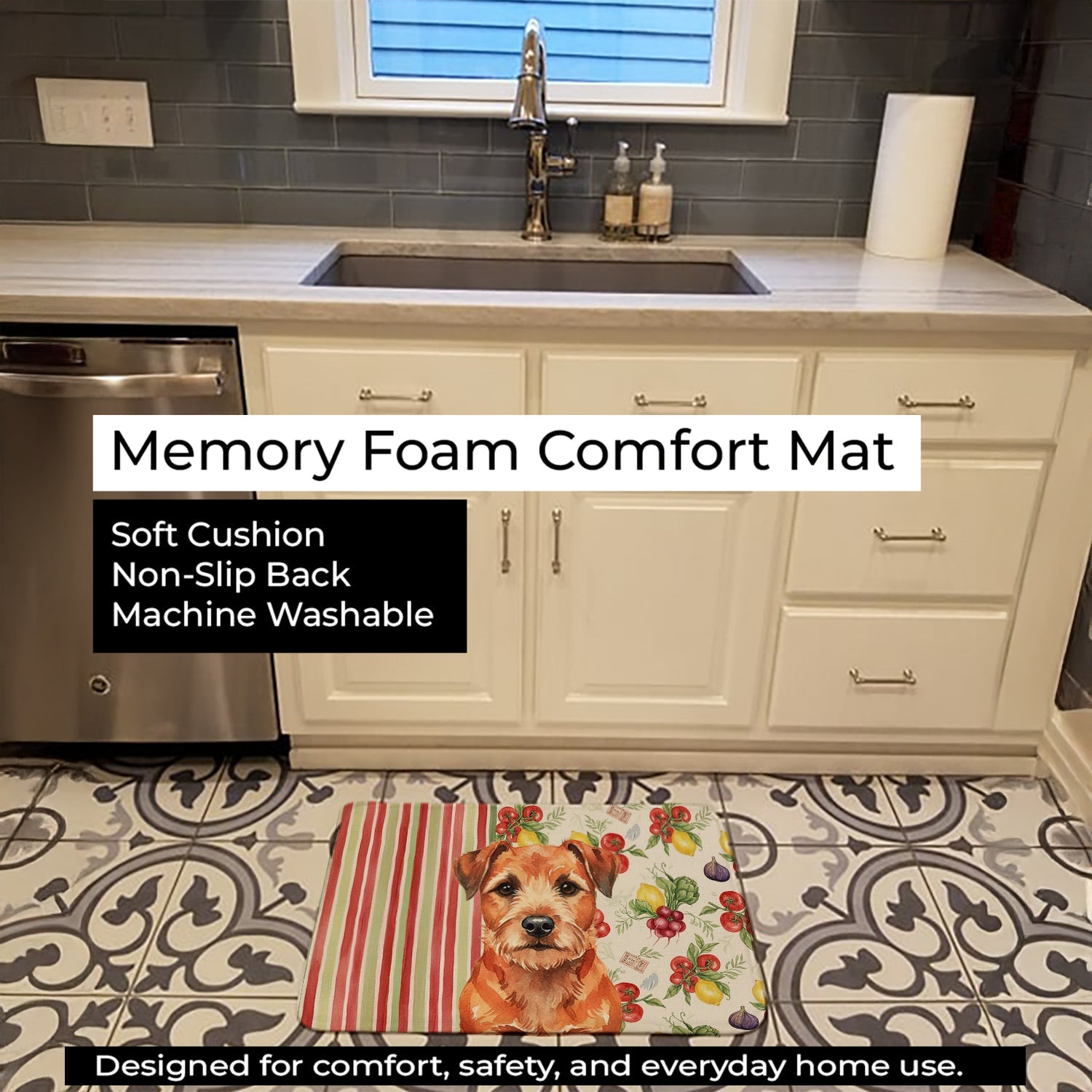 Red Border Terrier Vegetables Memory Foam Kitchen Mat Machine Washable Anti-Fatigue Cushion Comfort Bath or Kitchen Rug