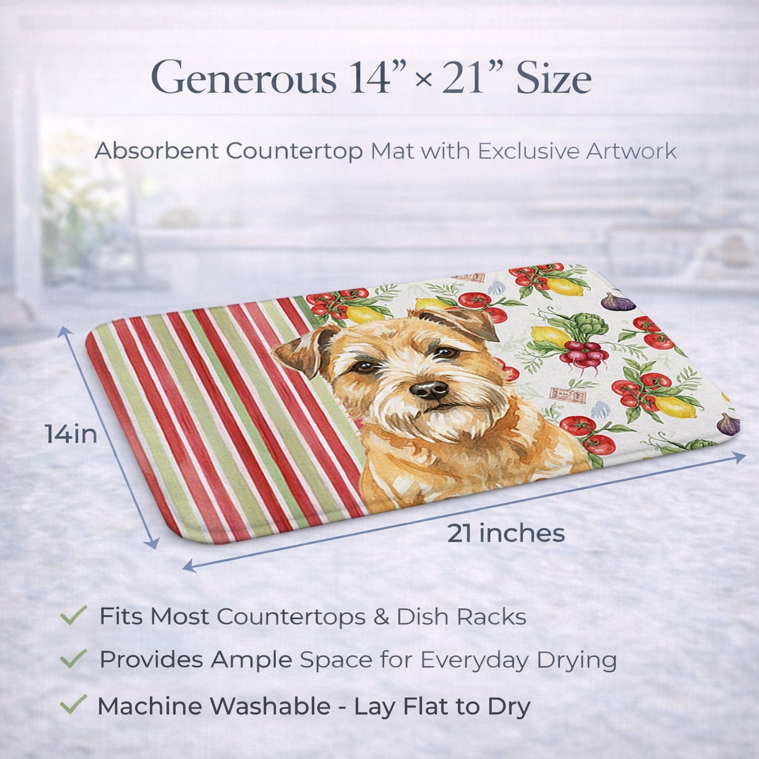 Wheaten Border Terrier Vegetables Dish Drying Mat Absorbent Dish Drying Mat Pad for Kitchen Counter Dish Drainer Mat for Countertop, 14 x 21", Multicolor