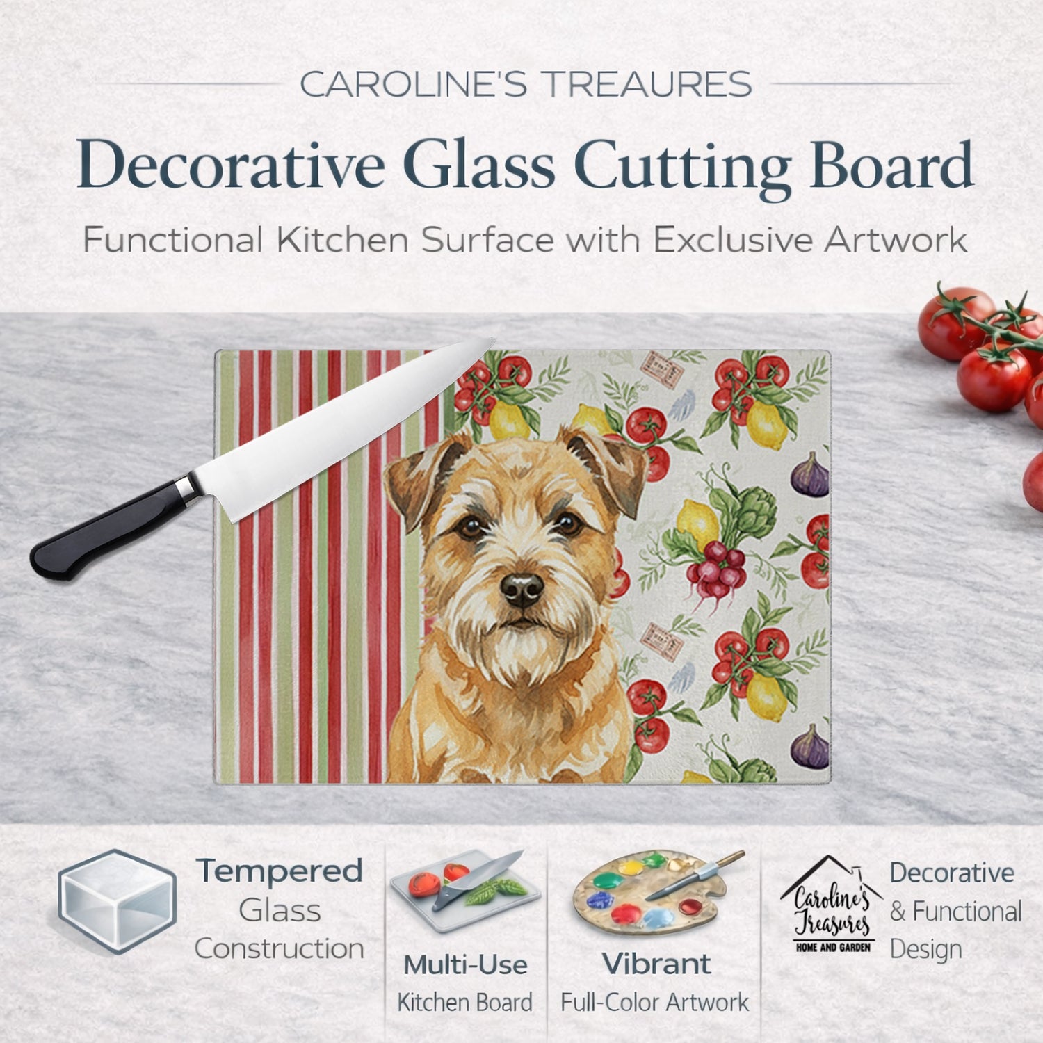 Wheaten Border Terrier Vegetables Cutting Board Tempered Glass Kitchen Cutting Surface, Heat Resistant Chopping, Non-Slip Feet, Food Prep & Serving