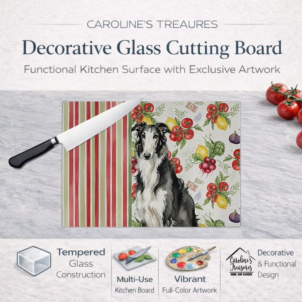 Black and White Borzoi Vegetables Cutting Board Tempered Glass Kitchen Cutting Surface, Heat Resistant Chopping, Non-Slip Feet, Food Prep & Serving