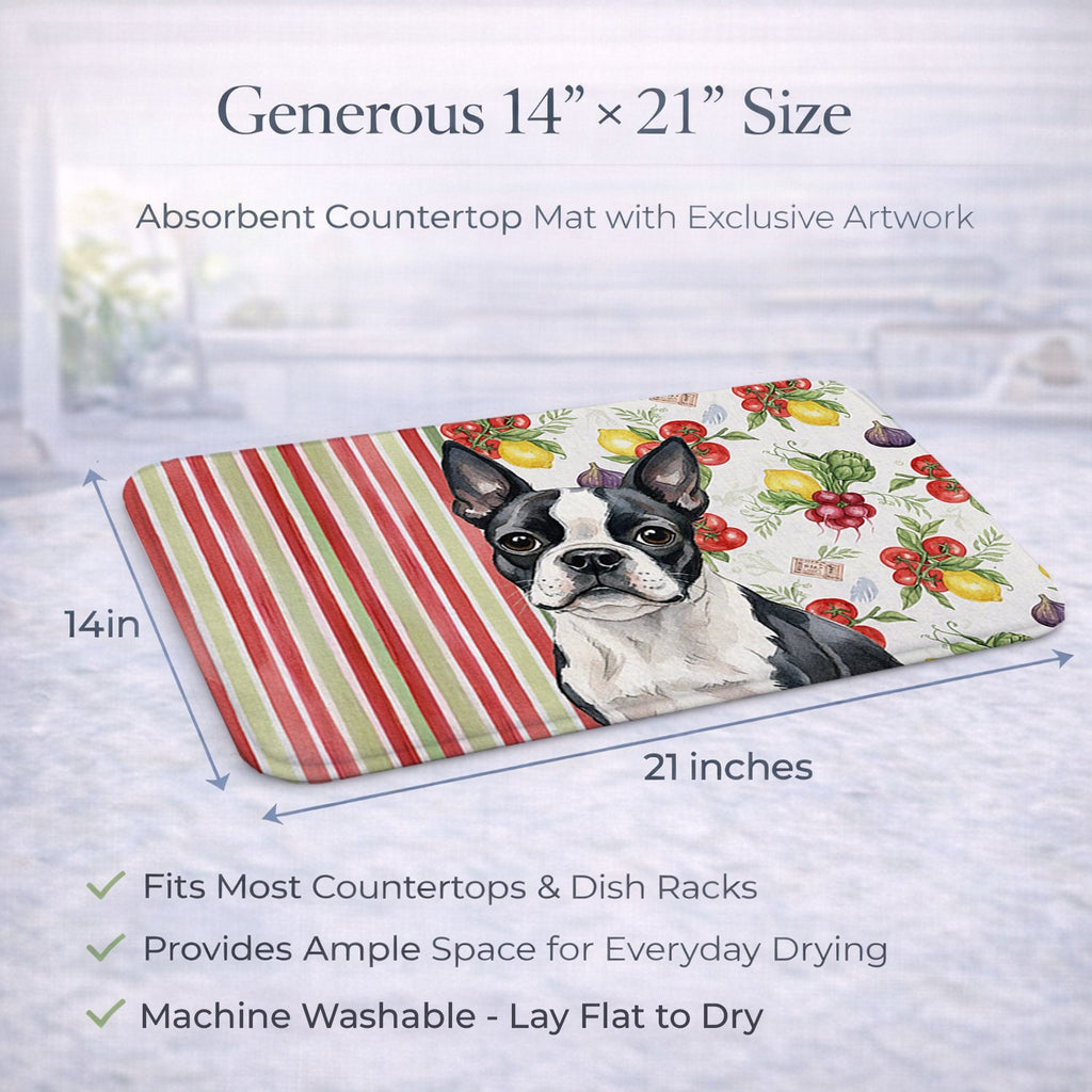 Boston Terrier Vegetables Dish Drying Mat Absorbent Dish Drying Mat Pad for Kitchen Counter Dish Drainer Mat for Countertop, 14 x 21", Multicolor