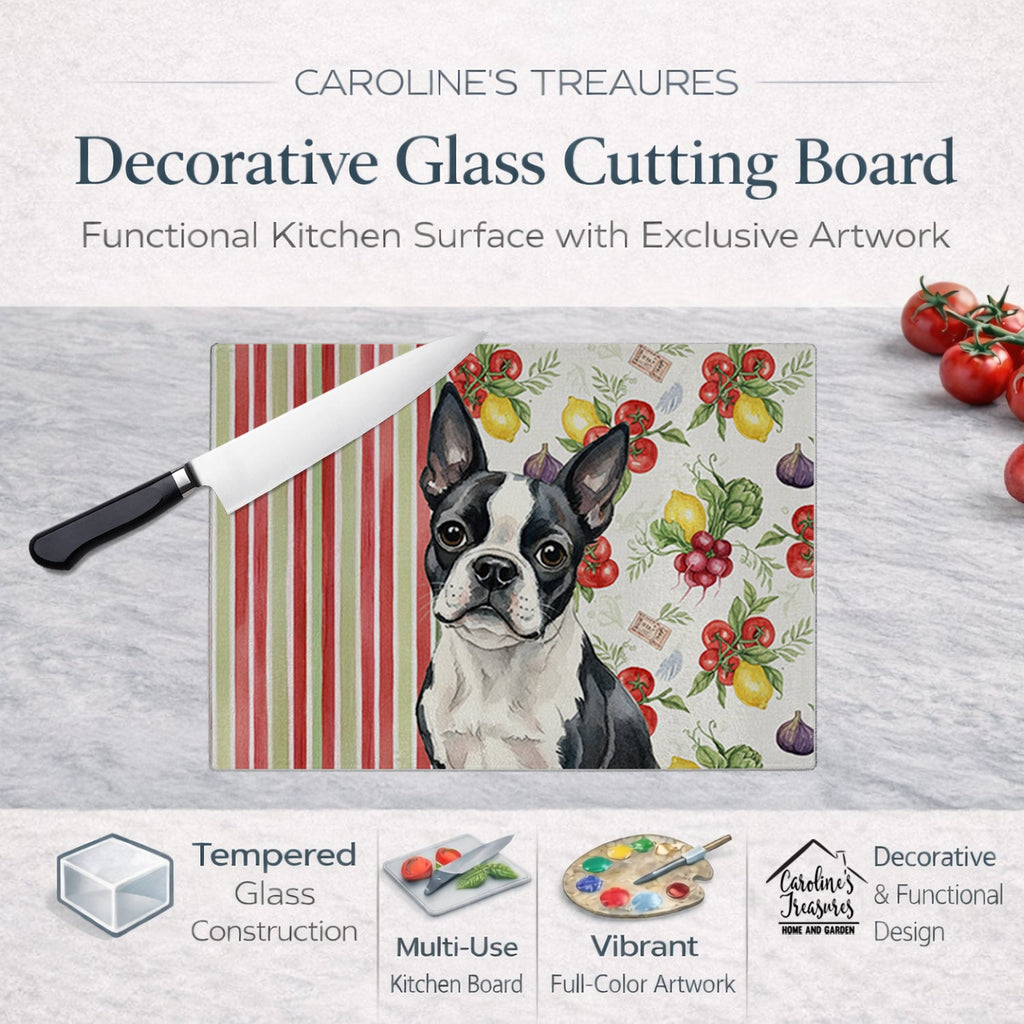 Boston Terrier Vegetables Cutting Board Tempered Glass Kitchen Cutting Surface, Heat Resistant Chopping, Non-Slip Feet, Food Prep & Serving