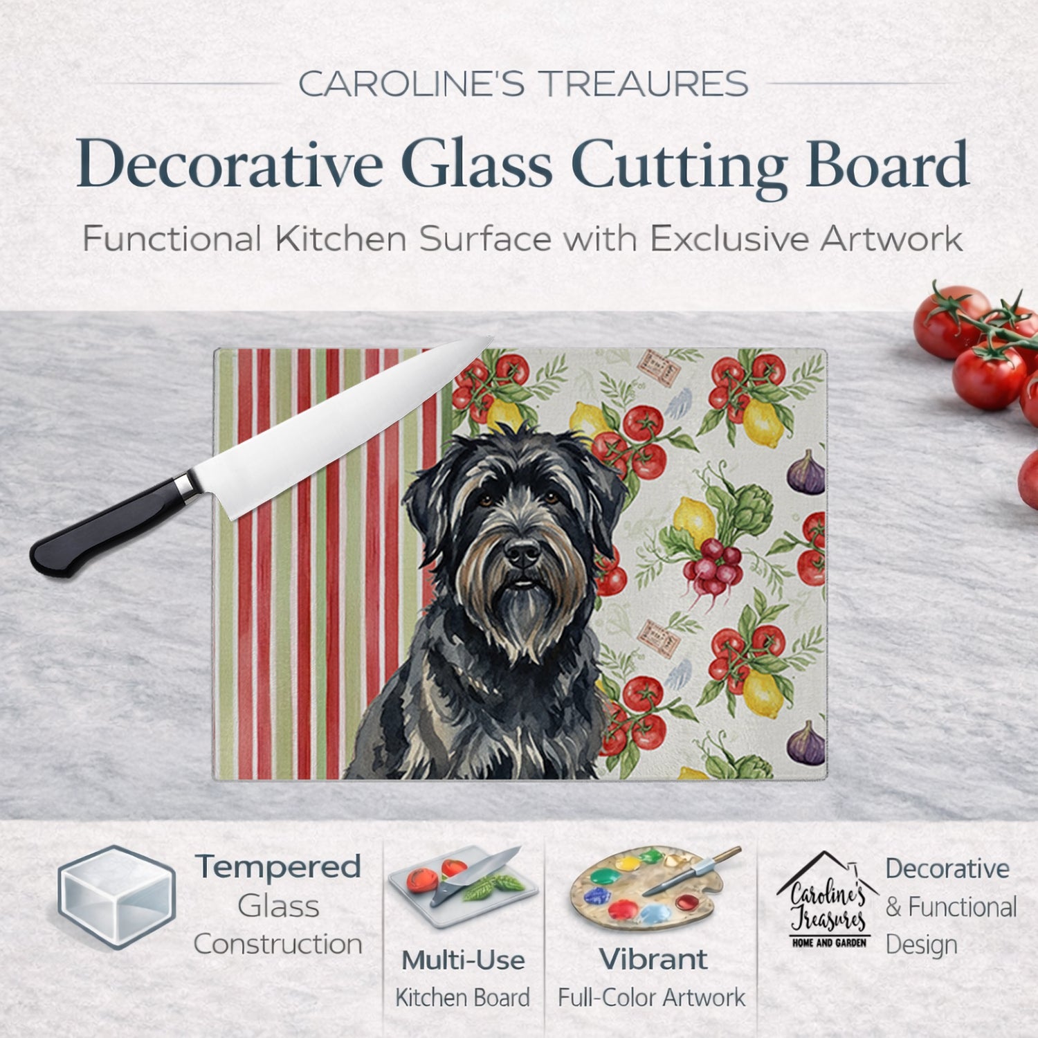 Bouvier des Flandres Vegetables Cutting Board Tempered Glass Kitchen Cutting Surface, Heat Resistant Chopping, Non-Slip Feet, Food Prep & Serving