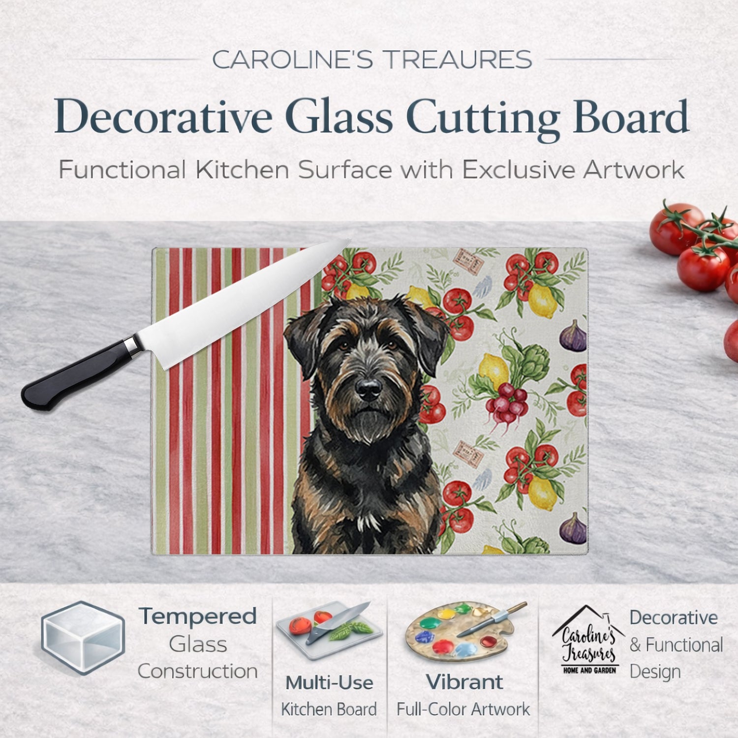 Brindle Bouvier des Flandres Vegetables Cutting Board Tempered Glass Kitchen Cutting Surface, Heat Resistant Chopping, Non-Slip Feet, Food Prep & Serving