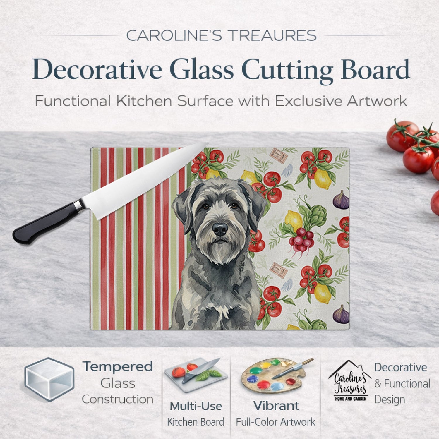 Gray Bouvier des Flandres Vegetables Cutting Board Tempered Glass Kitchen Cutting Surface, Heat Resistant Chopping, Non-Slip Feet, Food Prep & Serving