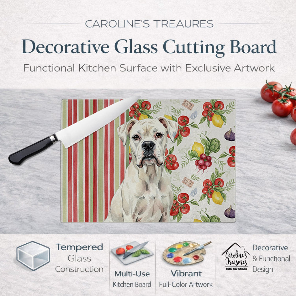 White Boxer Vegetables Cutting Board Tempered Glass Kitchen Cutting Surface, Heat Resistant Chopping, Non-Slip Feet, Food Prep & Serving