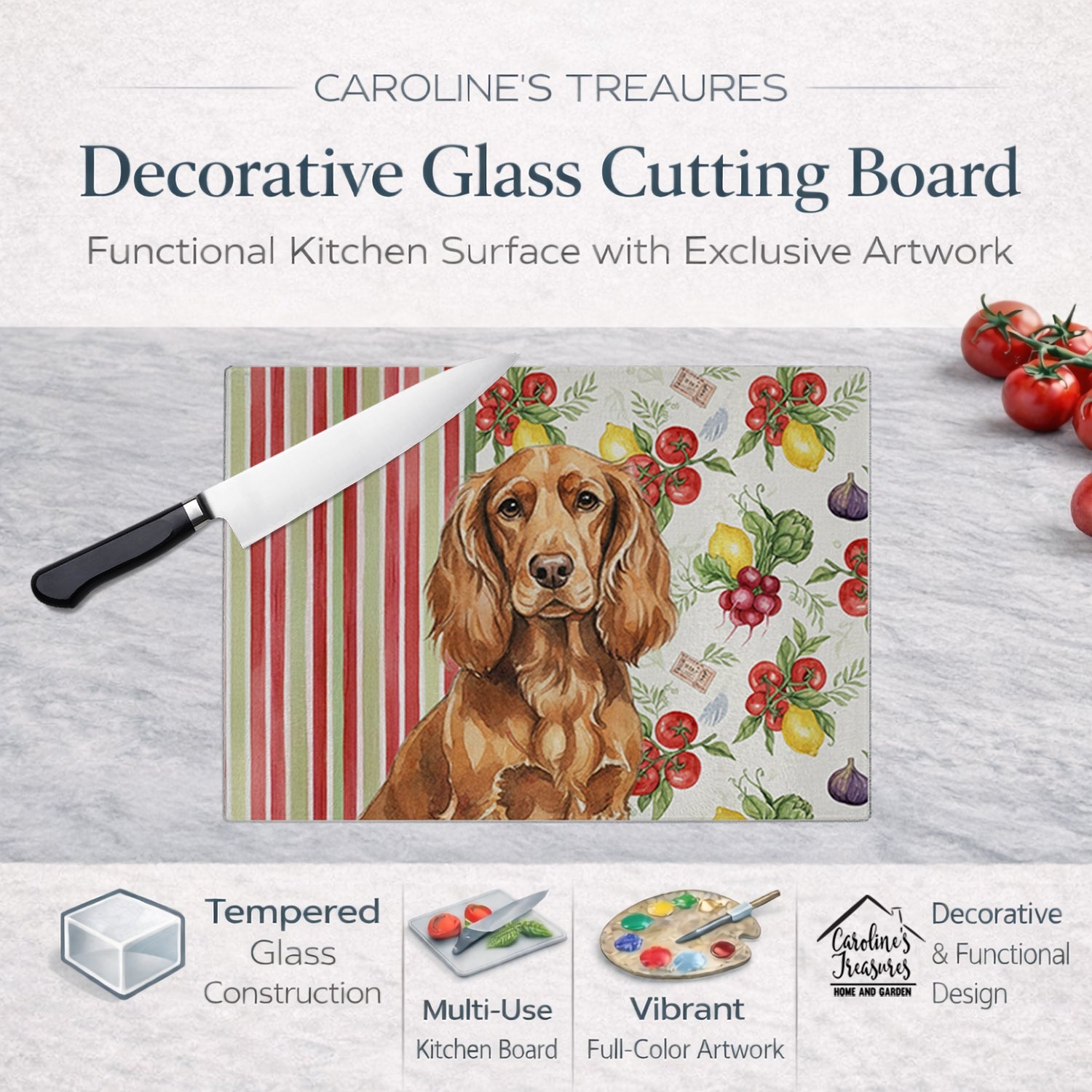 Boykin Spaniel Vegetables Cutting Board Tempered Glass Kitchen Cutting Surface, Heat Resistant Chopping, Non-Slip Feet, Food Prep & Serving