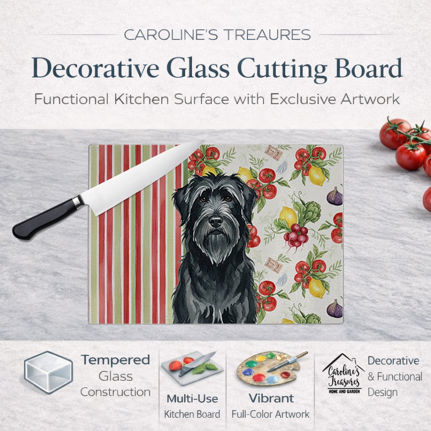 Black Briard Vegetables Cutting Board Tempered Glass Kitchen Cutting Surface, Heat Resistant Chopping, Non-Slip Feet, Food Prep & Serving