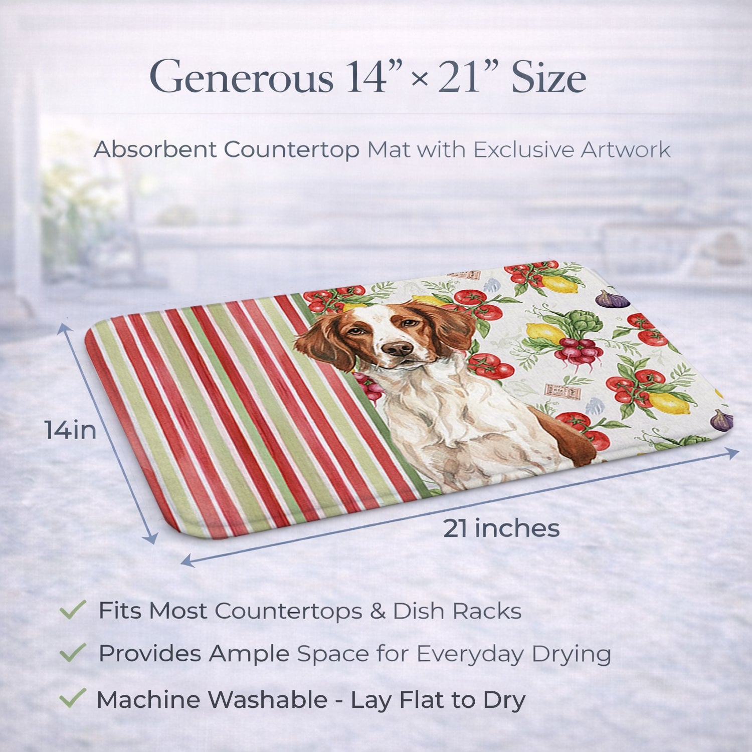 Liver and White Brittany Vegetables Dish Drying Mat Absorbent Dish Drying Mat Pad for Kitchen Counter Dish Drainer Mat for Countertop, 14 x 21", Multicolor