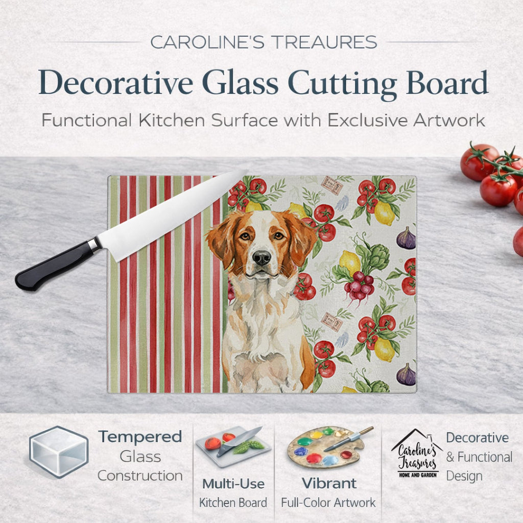 Orange and White Brittany Vegetables Cutting Board Tempered Glass Kitchen Cutting Surface, Heat Resistant Chopping, Non-Slip Feet, Food Prep & Serving