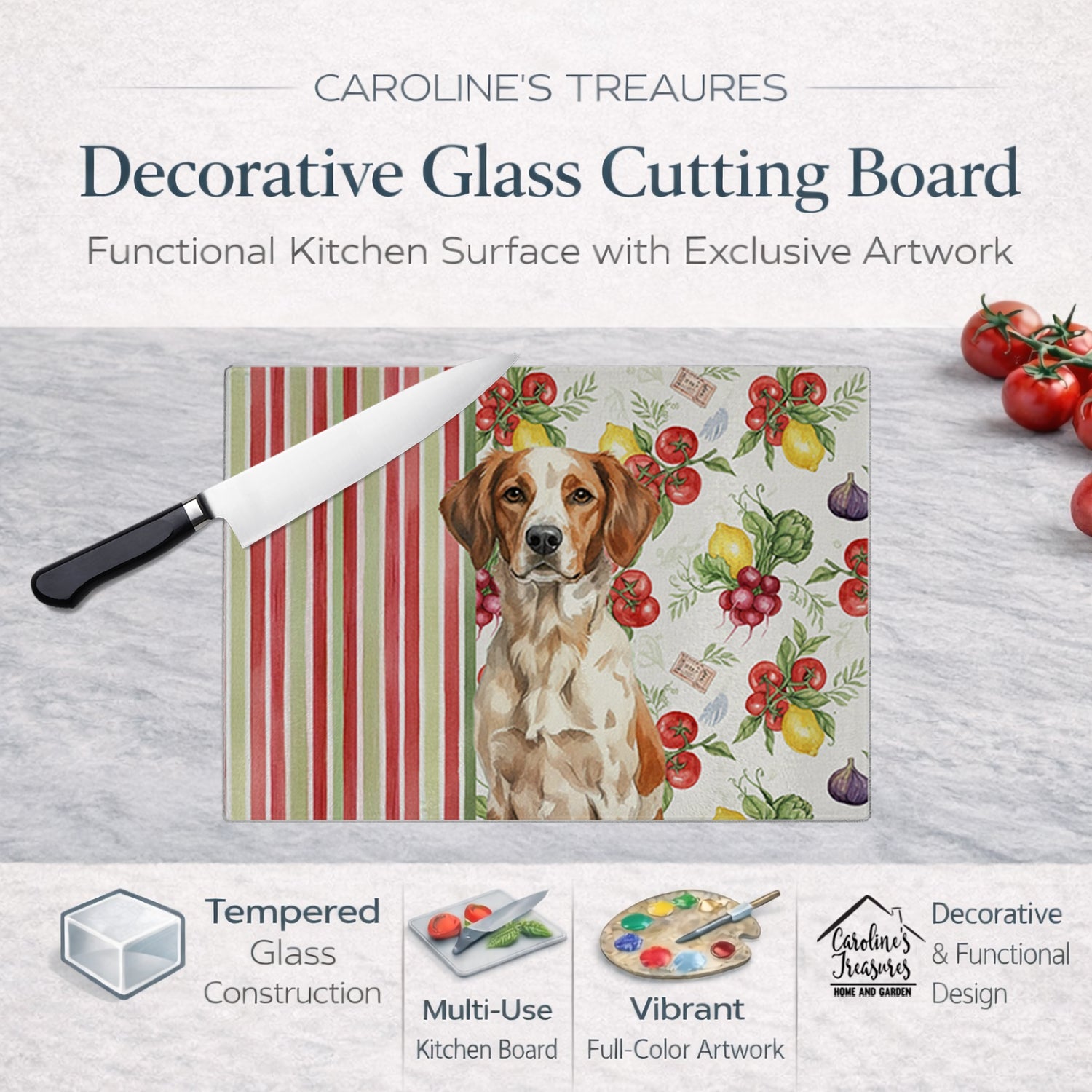 Roan Brittany Vegetables Cutting Board Tempered Glass Kitchen Cutting Surface, Heat Resistant Chopping, Non-Slip Feet, Food Prep & Serving