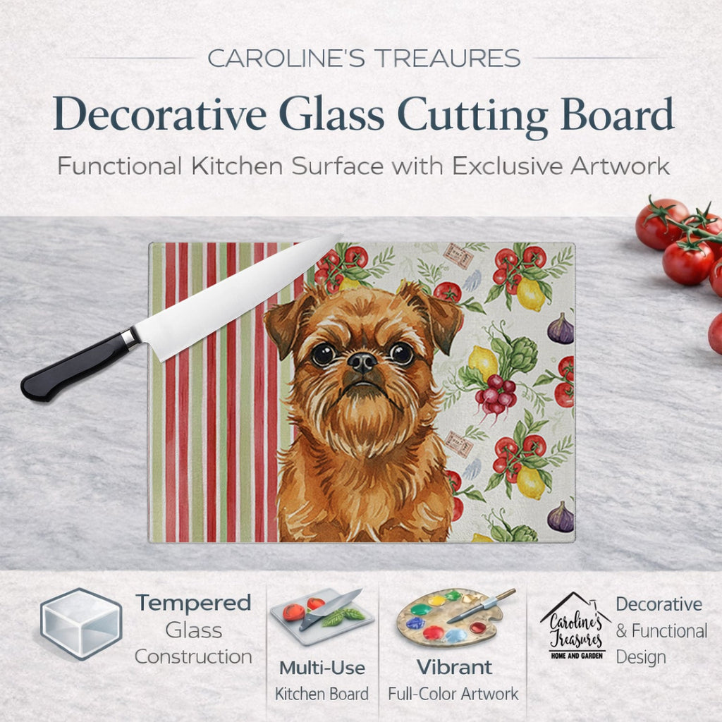 Belge Brussels Griffon Vegetables Cutting Board Tempered Glass Kitchen Cutting Surface, Heat Resistant Chopping, Non-Slip Feet, Food Prep & Serving