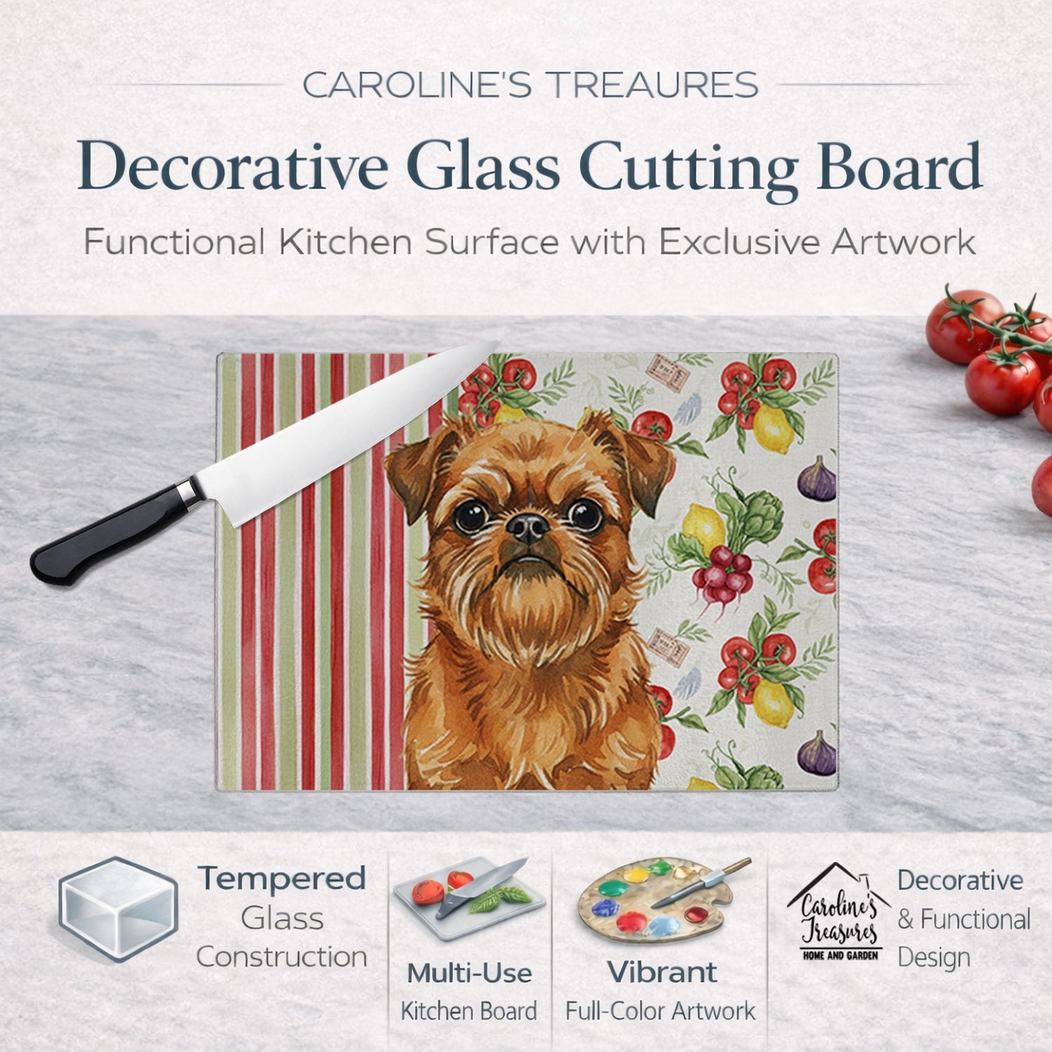 Belge Brussels Griffon Vegetables Cutting Board Tempered Glass Kitchen Cutting Surface, Heat Resistant Chopping, Non-Slip Feet, Food Prep & Serving