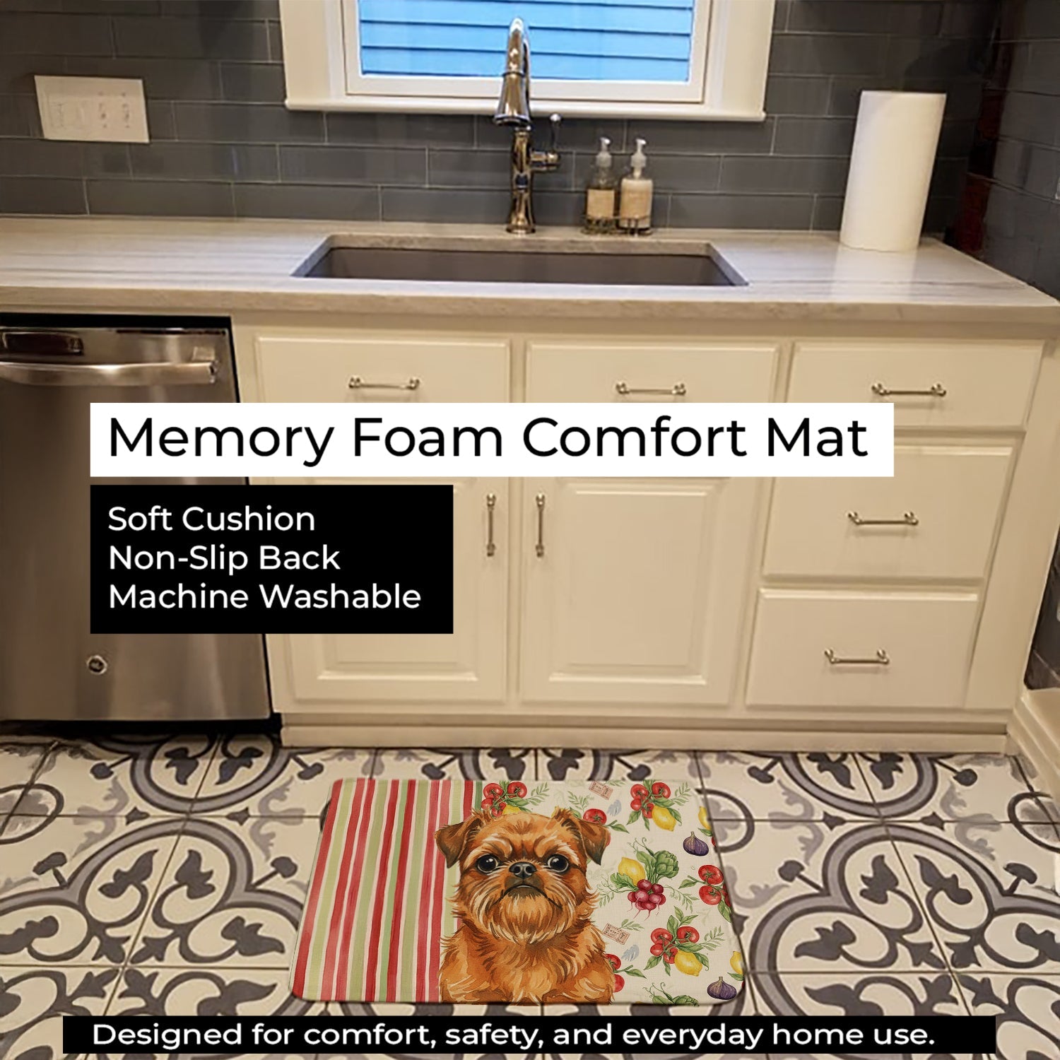 Belge Brussels Griffon Vegetables Memory Foam Kitchen Mat Machine Washable Anti-Fatigue Cushion Comfort Bath or Kitchen Rug
