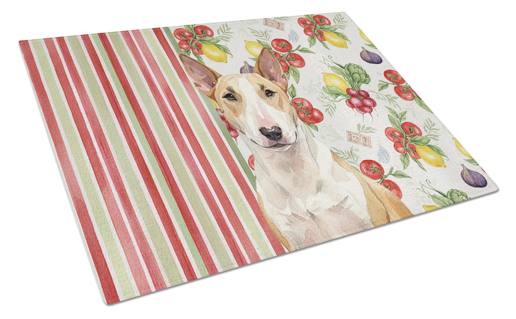 Fawn and White Bull Terrier Vegetables Cutting Board Tempered Glass Kitchen Cutting Surface, Heat Resistant Chopping, Non-Slip Feet, Food Prep & Serving