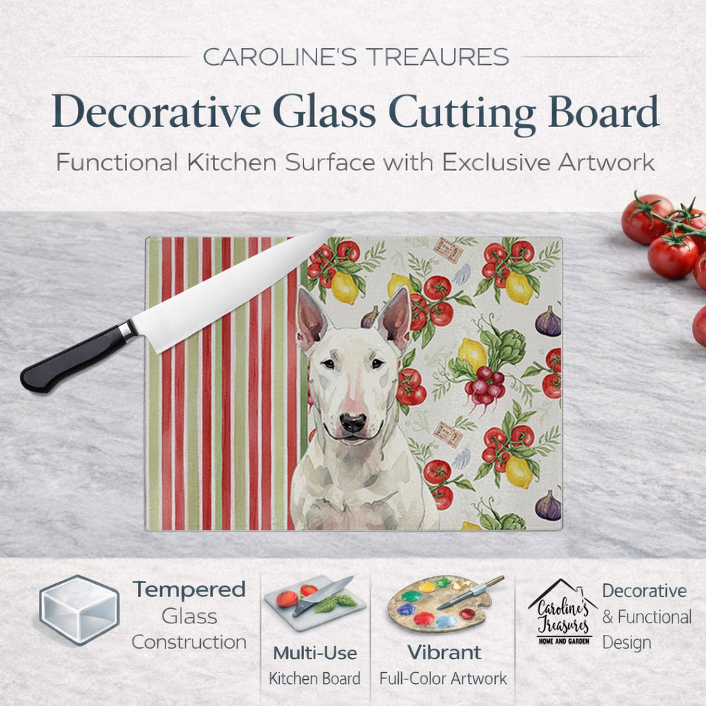 White Bull Terrier Vegetables Cutting Board Tempered Glass Kitchen Cutting Surface, Heat Resistant Chopping, Non-Slip Feet, Food Prep & Serving