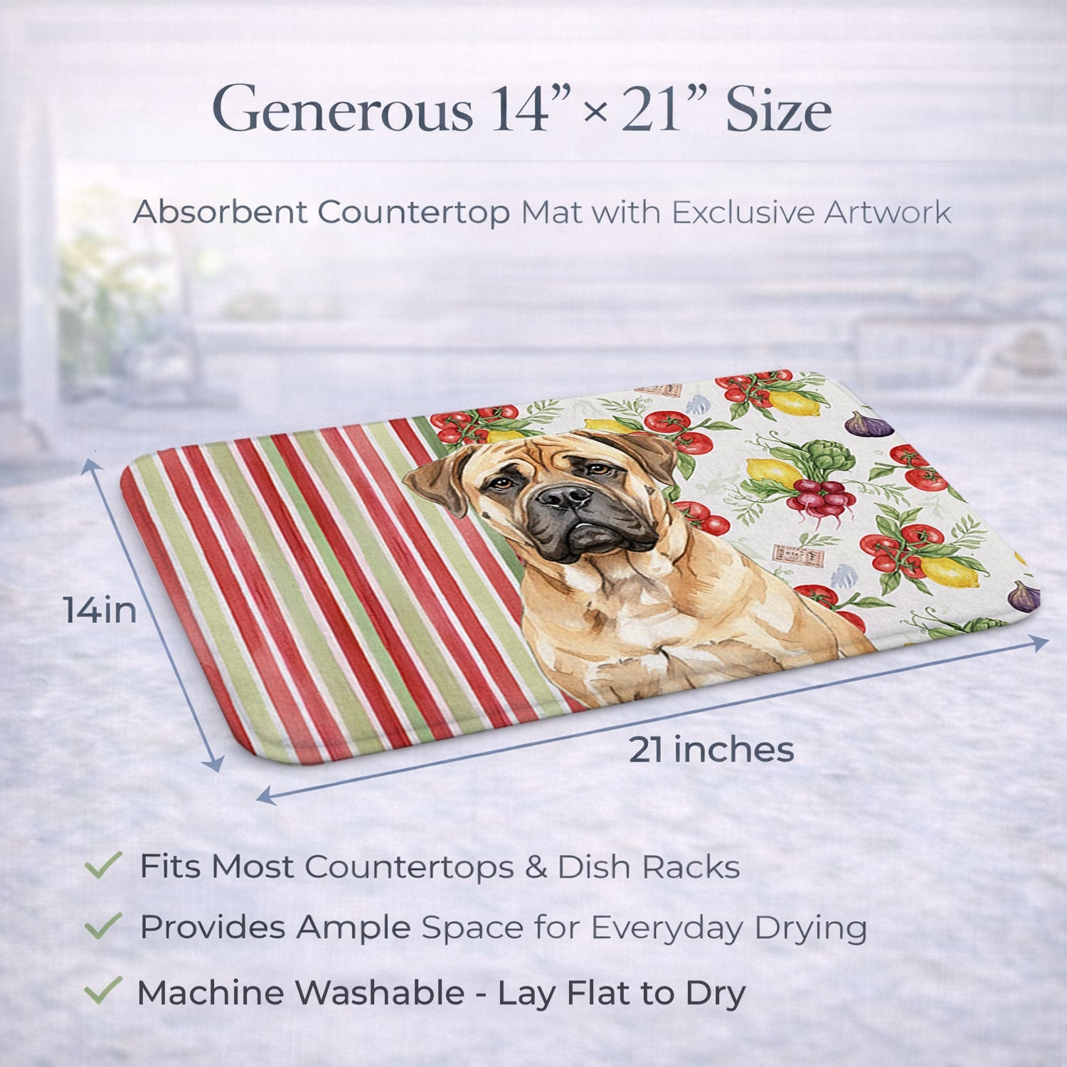Bullmastiff Vegetables Dish Drying Mat Absorbent Dish Drying Mat Pad for Kitchen Counter Dish Drainer Mat for Countertop, 14 x 21", Multicolor