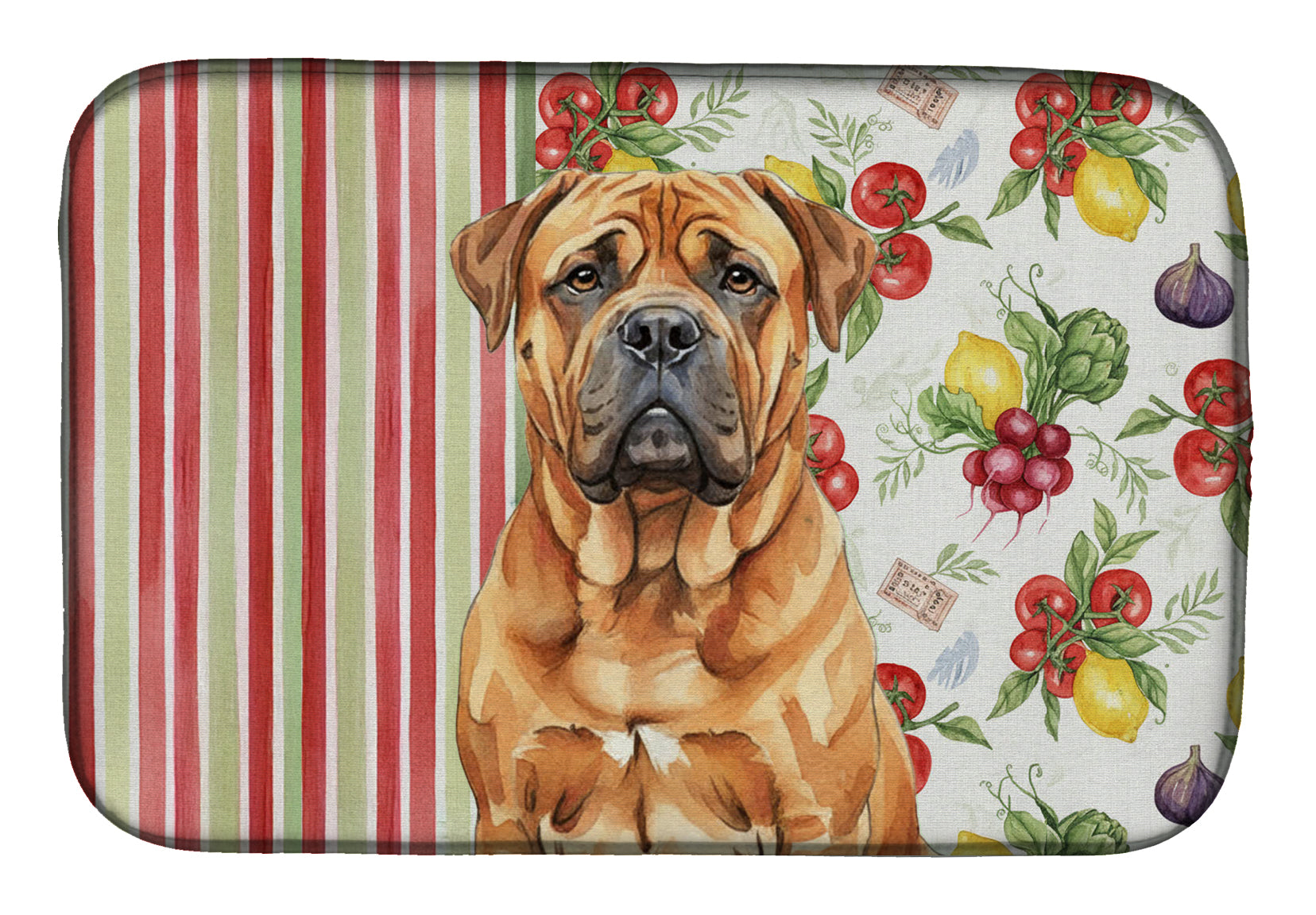 Red Bullmastiff Vegetables Dish Drying Mat Absorbent Dish Drying Mat Pad for Kitchen Counter Dish Drainer Mat for Countertop, 14 x 21", Multicolor