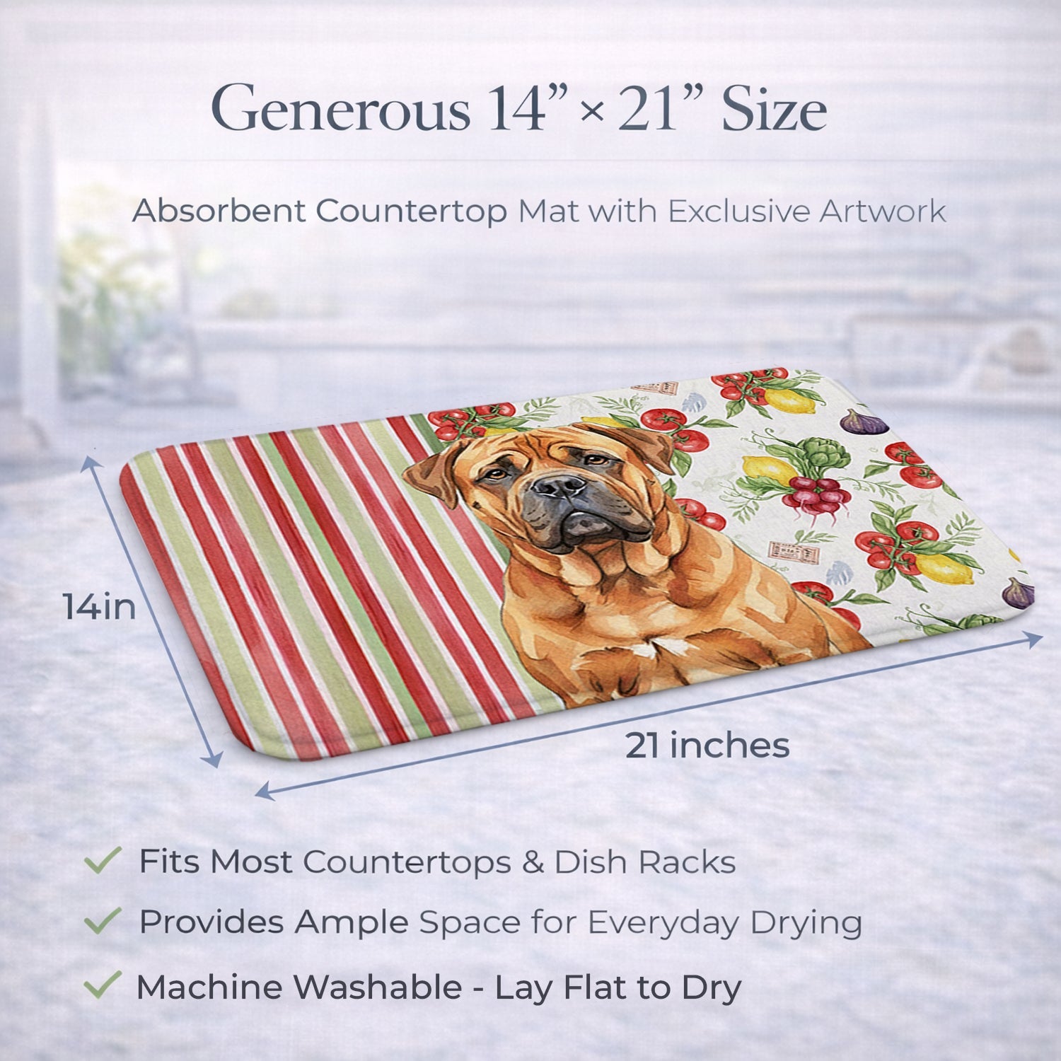 Red Bullmastiff Vegetables Dish Drying Mat Absorbent Dish Drying Mat Pad for Kitchen Counter Dish Drainer Mat for Countertop, 14 x 21", Multicolor