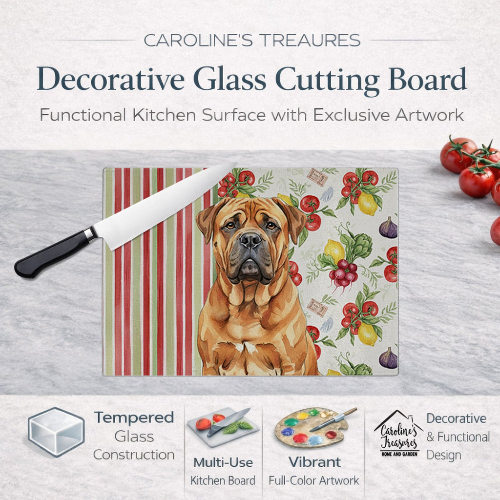 Red Bullmastiff Vegetables Cutting Board Tempered Glass Kitchen Cutting Surface, Heat Resistant Chopping, Non-Slip Feet, Food Prep & Serving