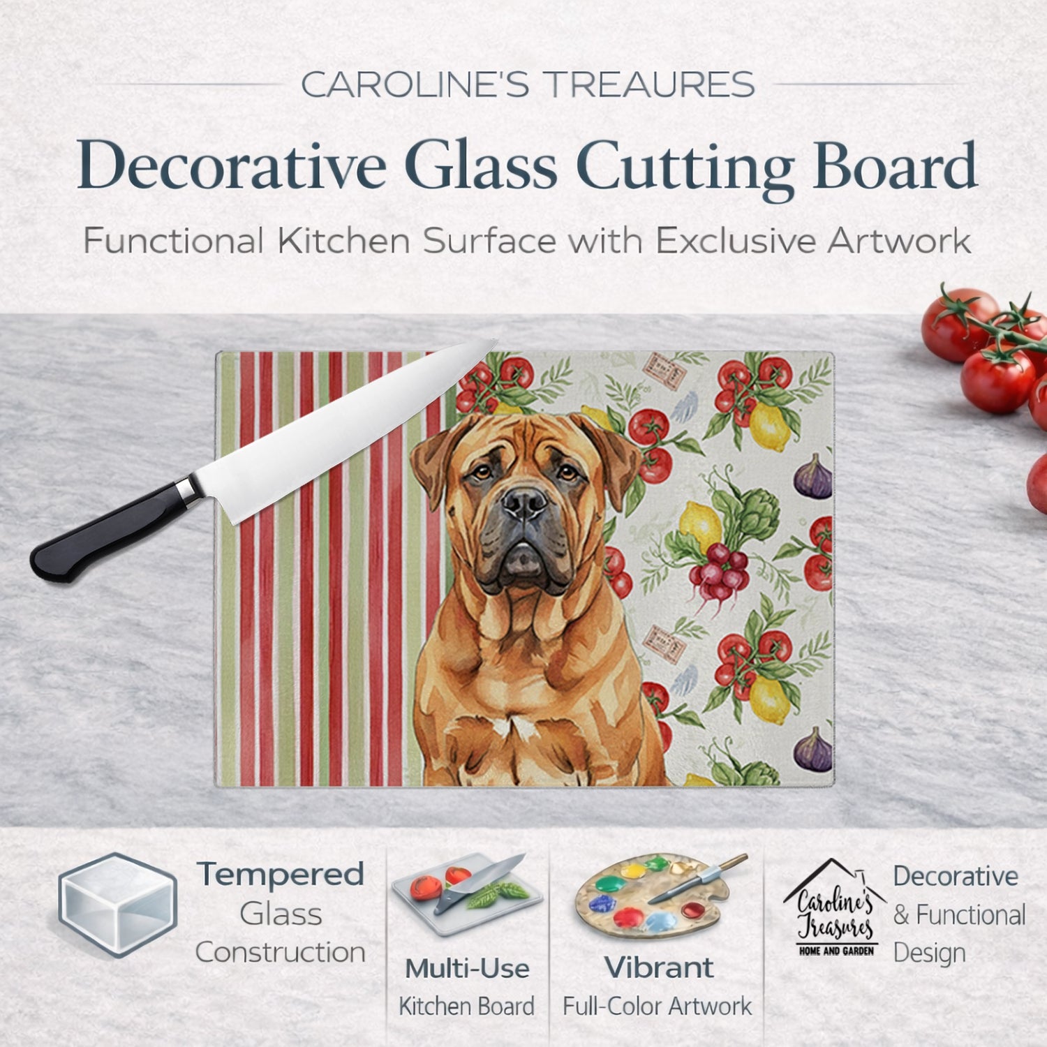 Red Bullmastiff Vegetables Cutting Board Tempered Glass Kitchen Cutting Surface, Heat Resistant Chopping, Non-Slip Feet, Food Prep & Serving