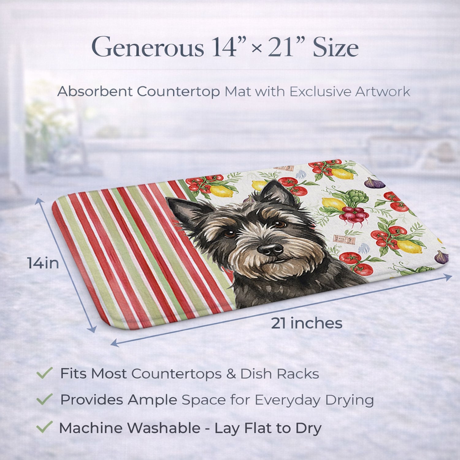 Black Cairn Terrier Vegetables Dish Drying Mat Absorbent Dish Drying Mat Pad for Kitchen Counter Dish Drainer Mat for Countertop, 14 x 21", Multicolor