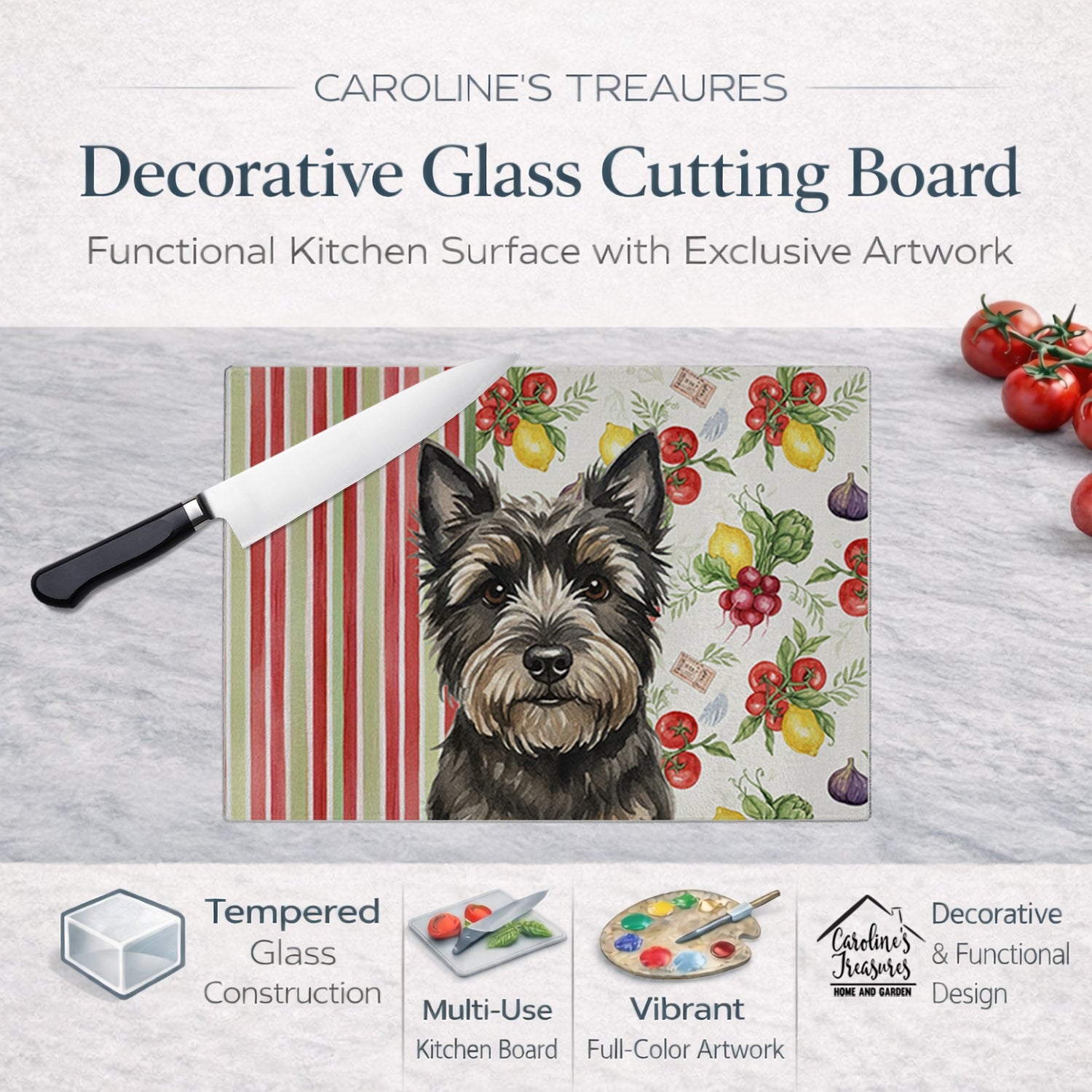 Black Cairn Terrier Vegetables Cutting Board Tempered Glass Kitchen Cutting Surface, Heat Resistant Chopping, Non-Slip Feet, Food Prep & Serving