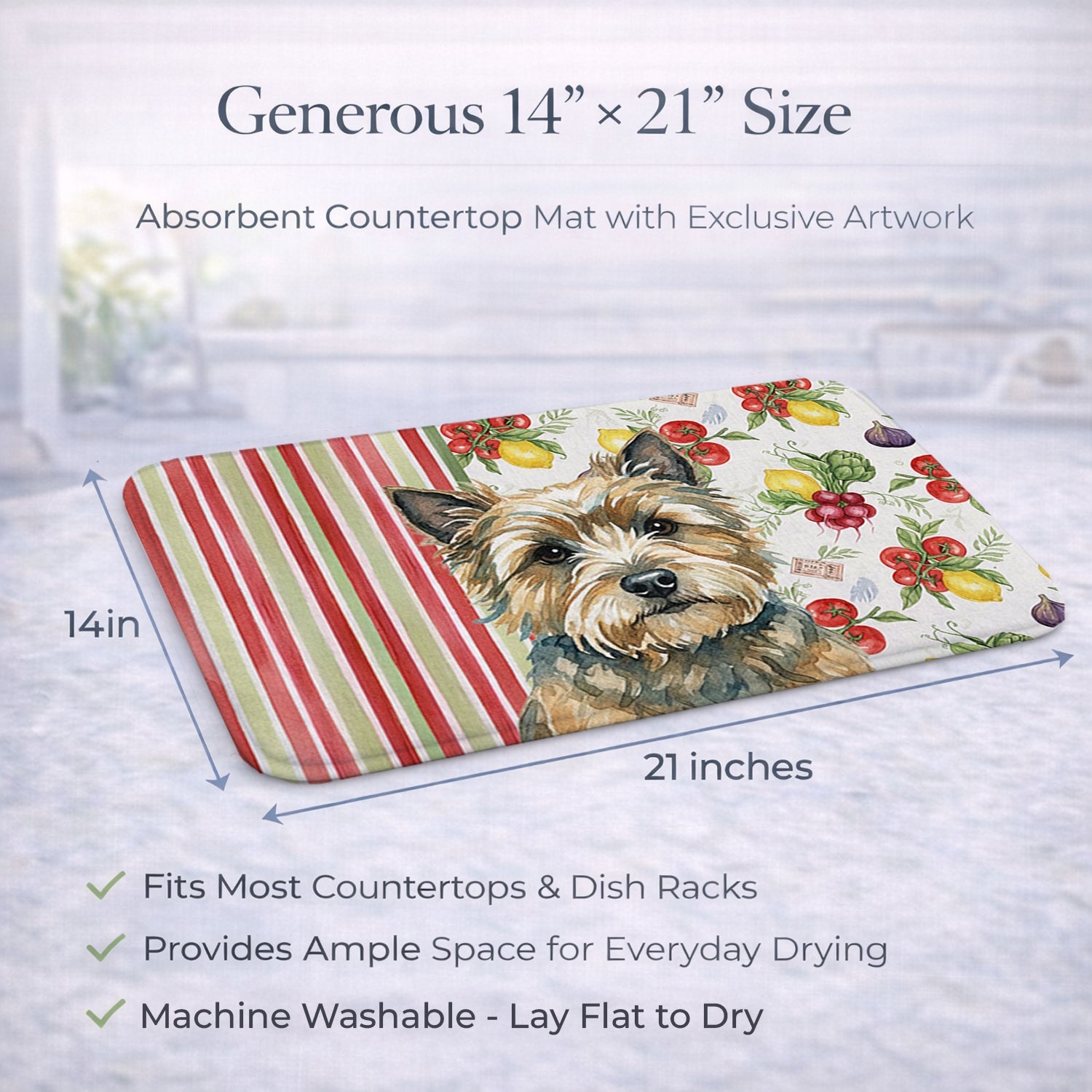 Cairn Terrier Vegetables Dish Drying Mat Absorbent Dish Drying Mat Pad for Kitchen Counter Dish Drainer Mat for Countertop, 14 x 21", Multicolor