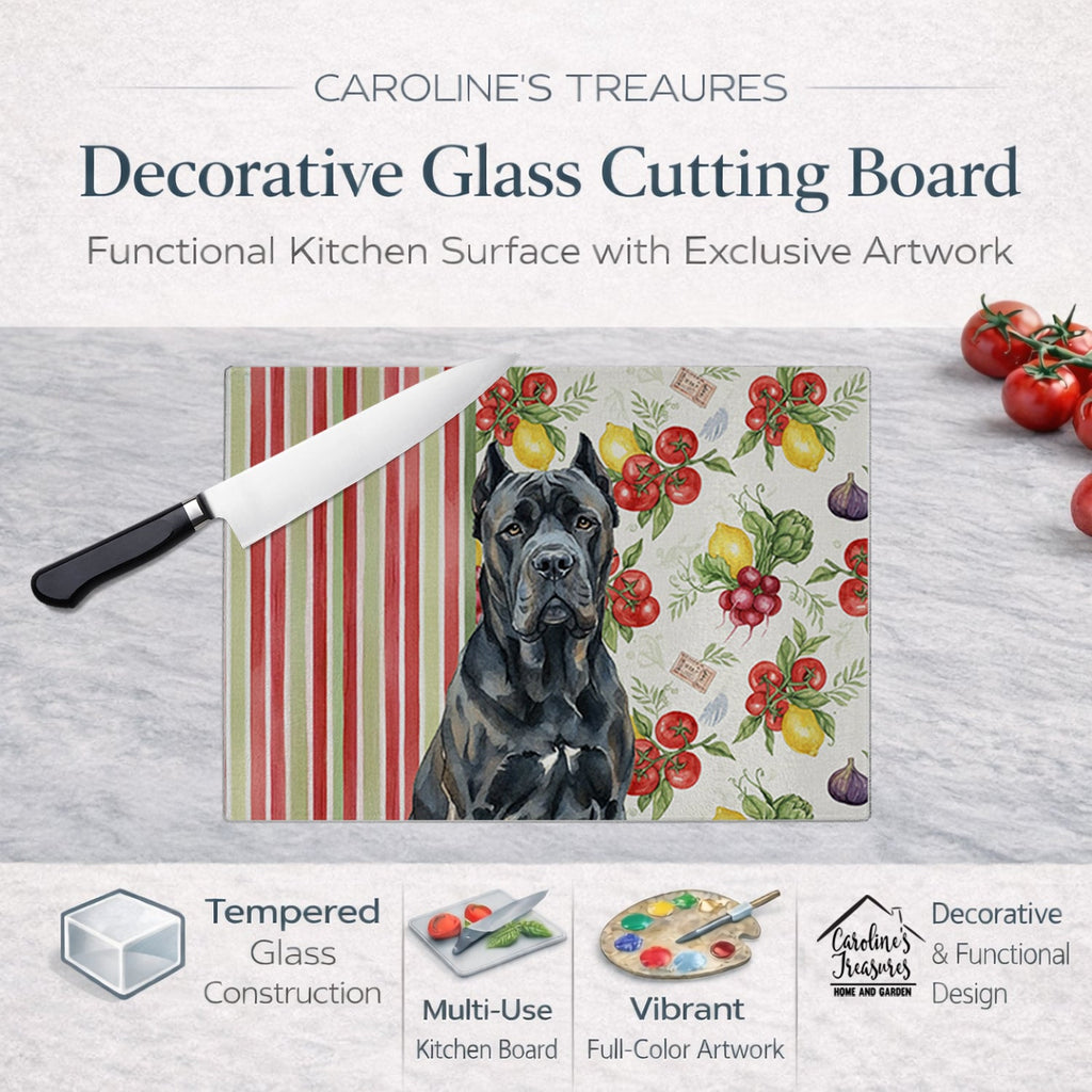 Cane Corso Vegetables Cutting Board Tempered Glass Kitchen Cutting Surface, Heat Resistant Chopping, Non-Slip Feet, Food Prep & Serving
