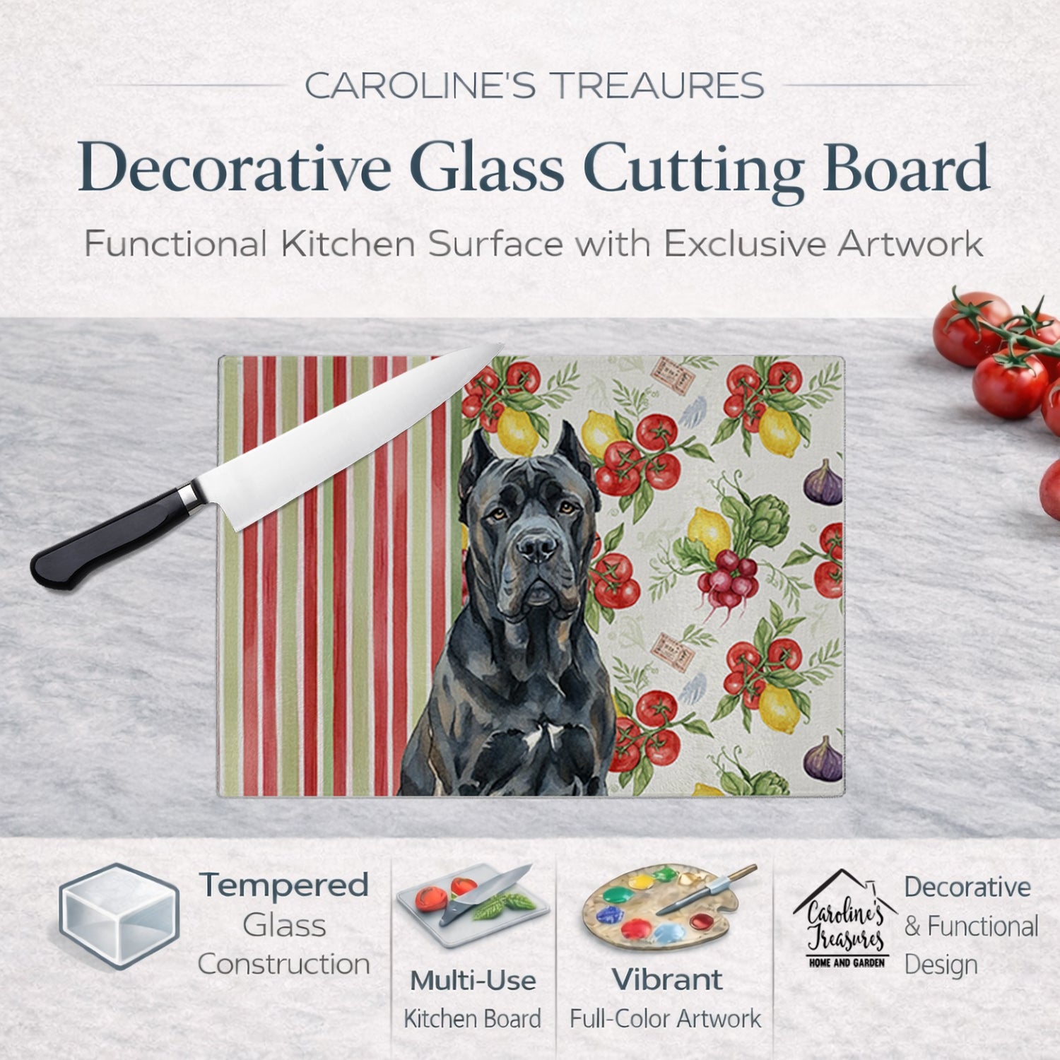Cane Corso Vegetables Cutting Board Tempered Glass Kitchen Cutting Surface, Heat Resistant Chopping, Non-Slip Feet, Food Prep & Serving