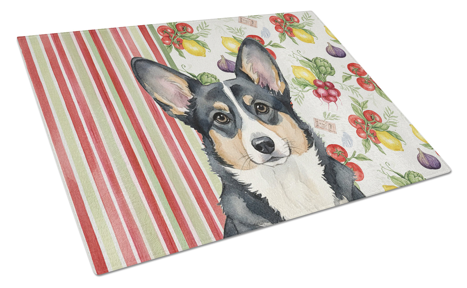 Black and White Cardigan Welsh Corgi Vegetables Cutting Board Tempered Glass Kitchen Cutting Surface, Heat Resistant Chopping, Non-Slip Feet, Food Prep & Serving