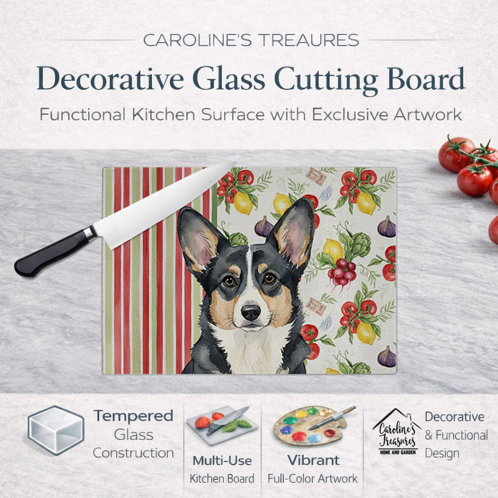 Black and White Cardigan Welsh Corgi Vegetables Cutting Board Tempered Glass Kitchen Cutting Surface, Heat Resistant Chopping, Non-Slip Feet, Food Prep & Serving